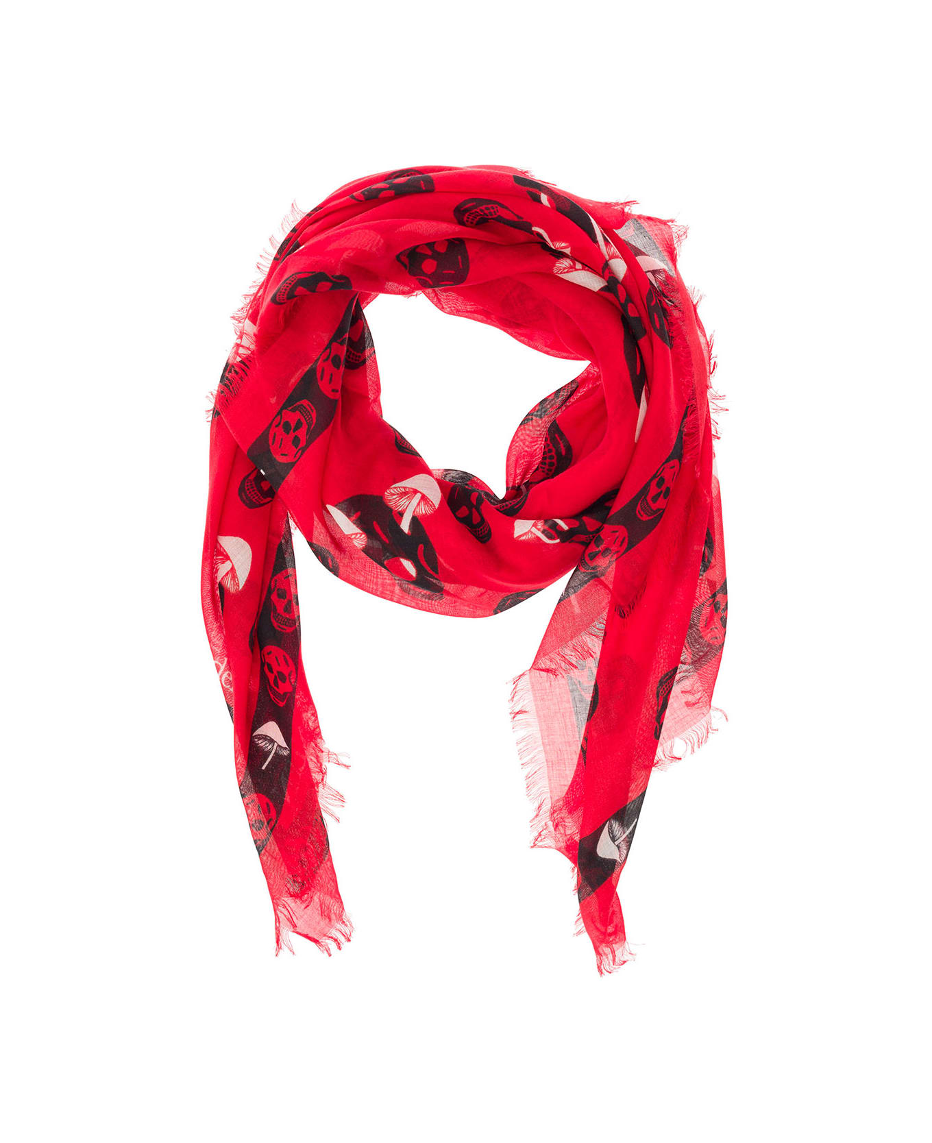 Alexander McQueen Red Scarf With Skull And Mushroom Print All-over In Modal Blend - Red