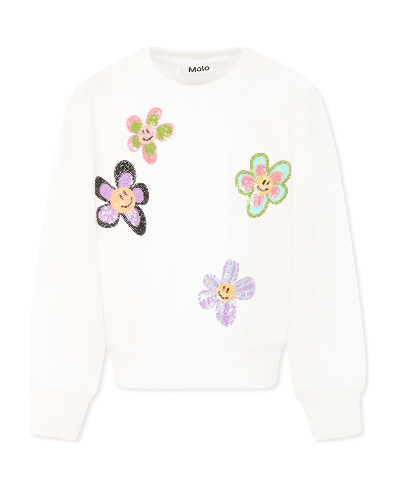 Molo White Sweatshirt For Girl With Flowers - White