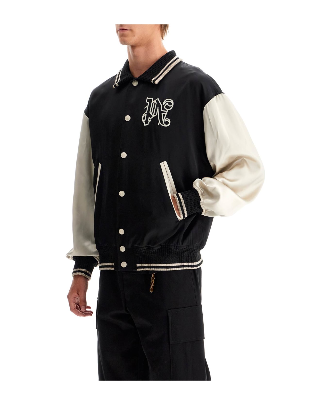Palm Angels Satin Varsity Jacket - BLACK LIGHT BEIGE (Black)