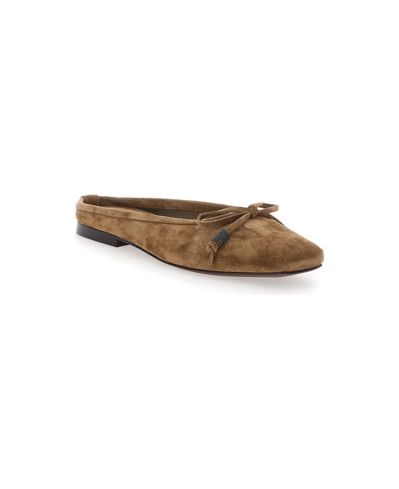 Brunello Cucinelli Beige Ballet Shoes With Square Toe And Bow With Monil Detail In Leather Woman - Beige