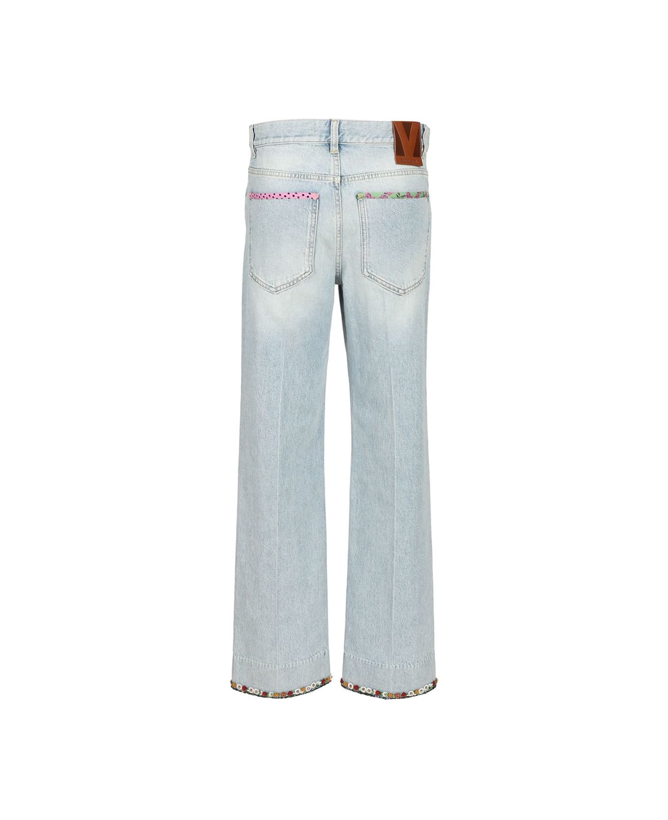 Valentino Denim Trousers With Embroidered Flower Trim - BLUE