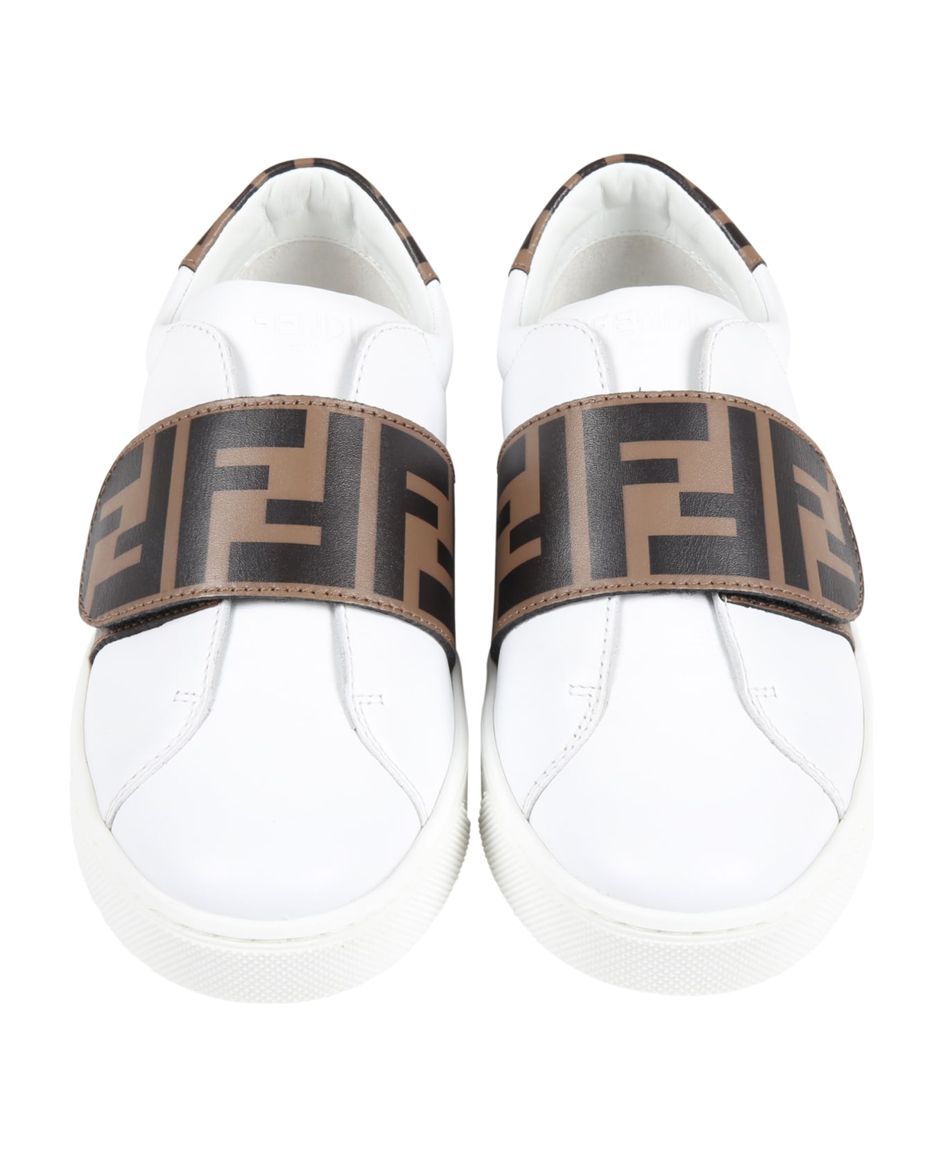 Fendi White Sneakers For Kids With Iconic Brown Pattern - White