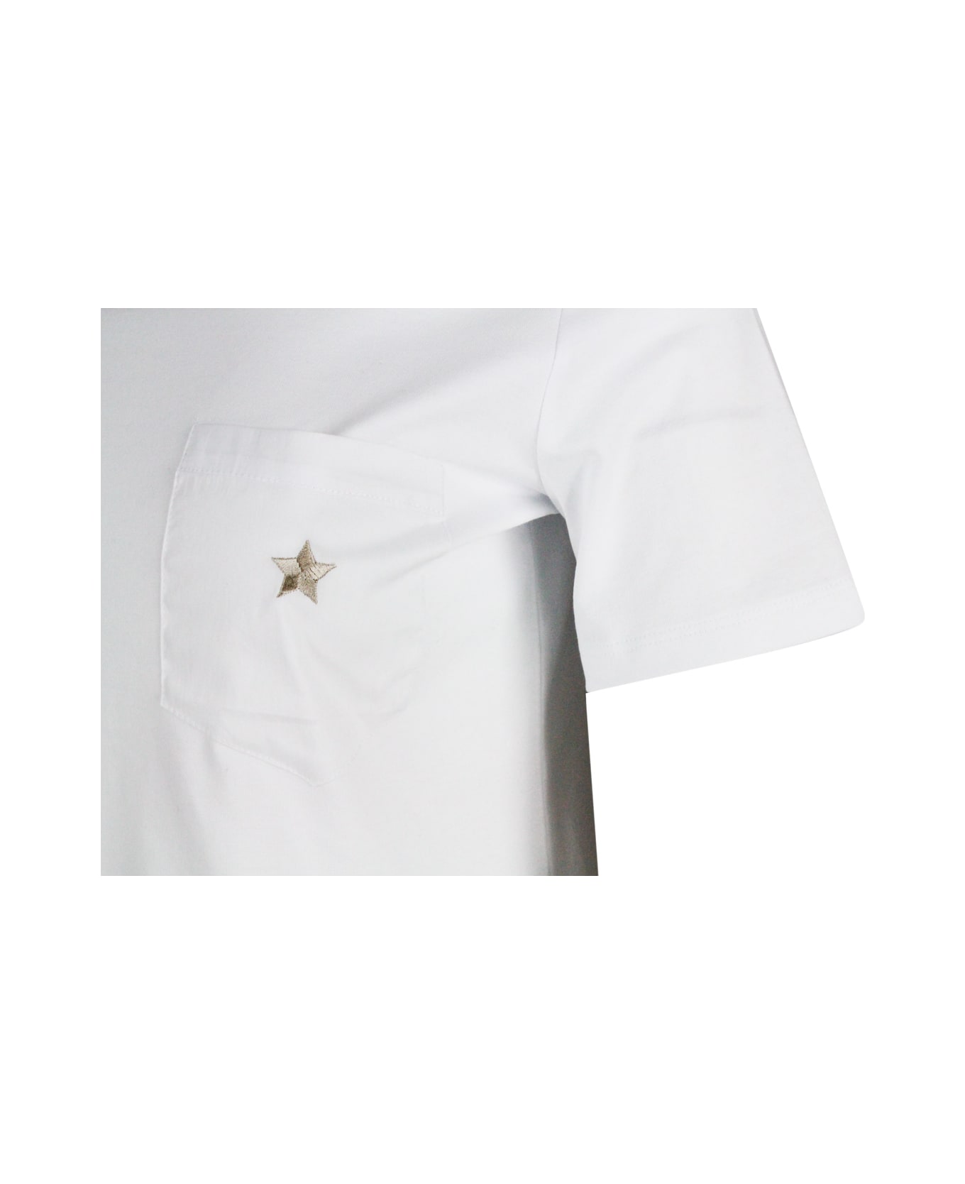 Lorena Antoniazzi Short-sleeved Round-neck Cotton zip-up T-shirt With Chest Pocket And Embroidered Star - White