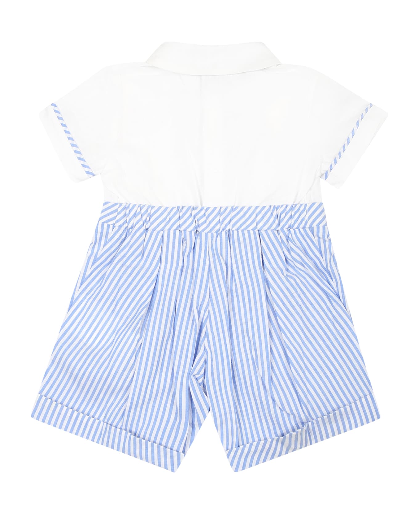 Monnalisa Light Blue Romper For Baby Boy With Bow Tie - White ボディスーツ＆セットアップ