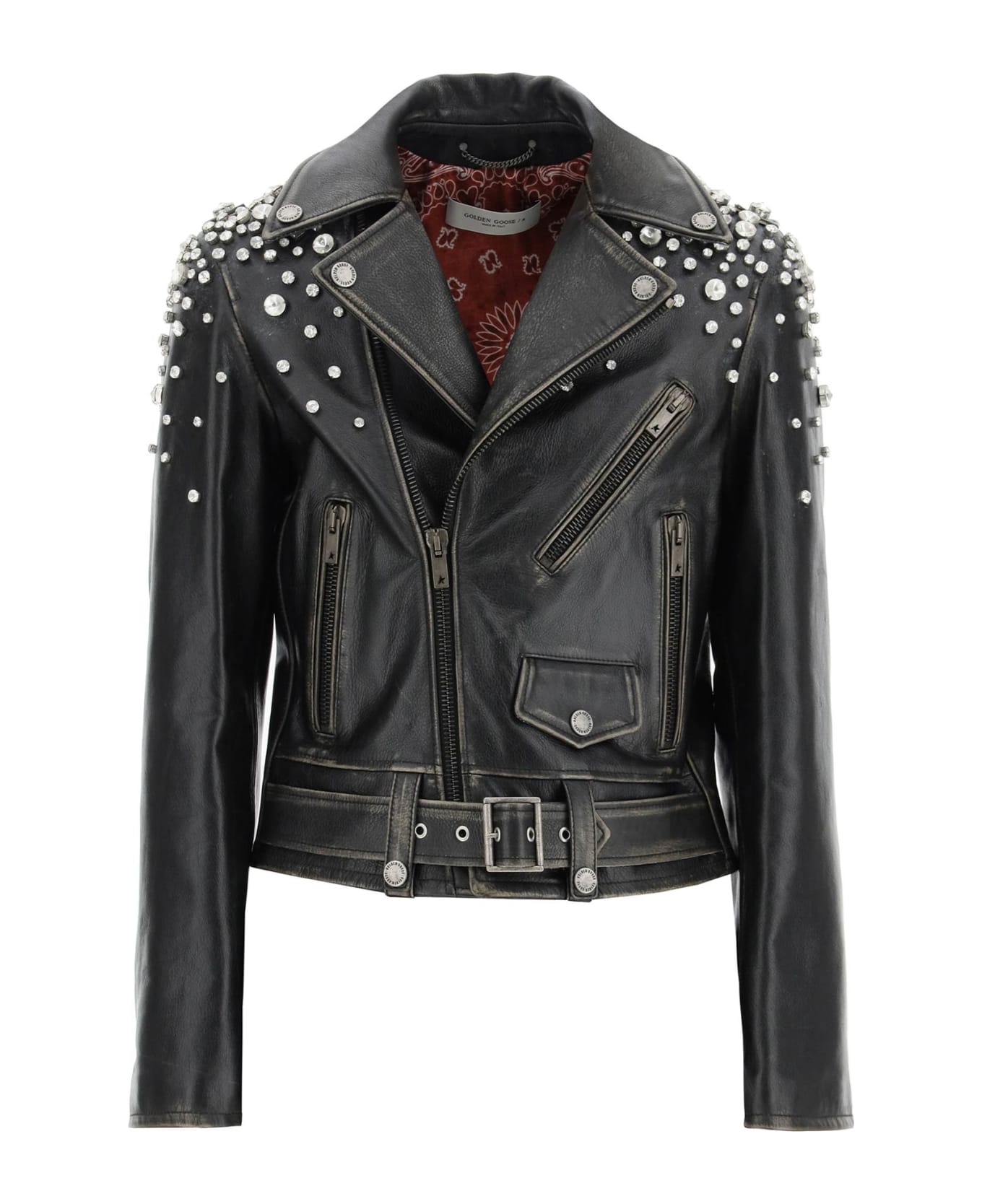 Golden Goose 'destiny' Leather Biker Jacket With Crystals - BLACK (Black)