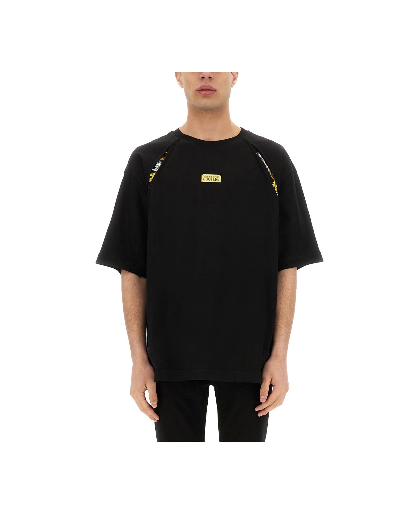 Versace Jeans Couture T-shirt With Baroque Outline Inserts - BLACK