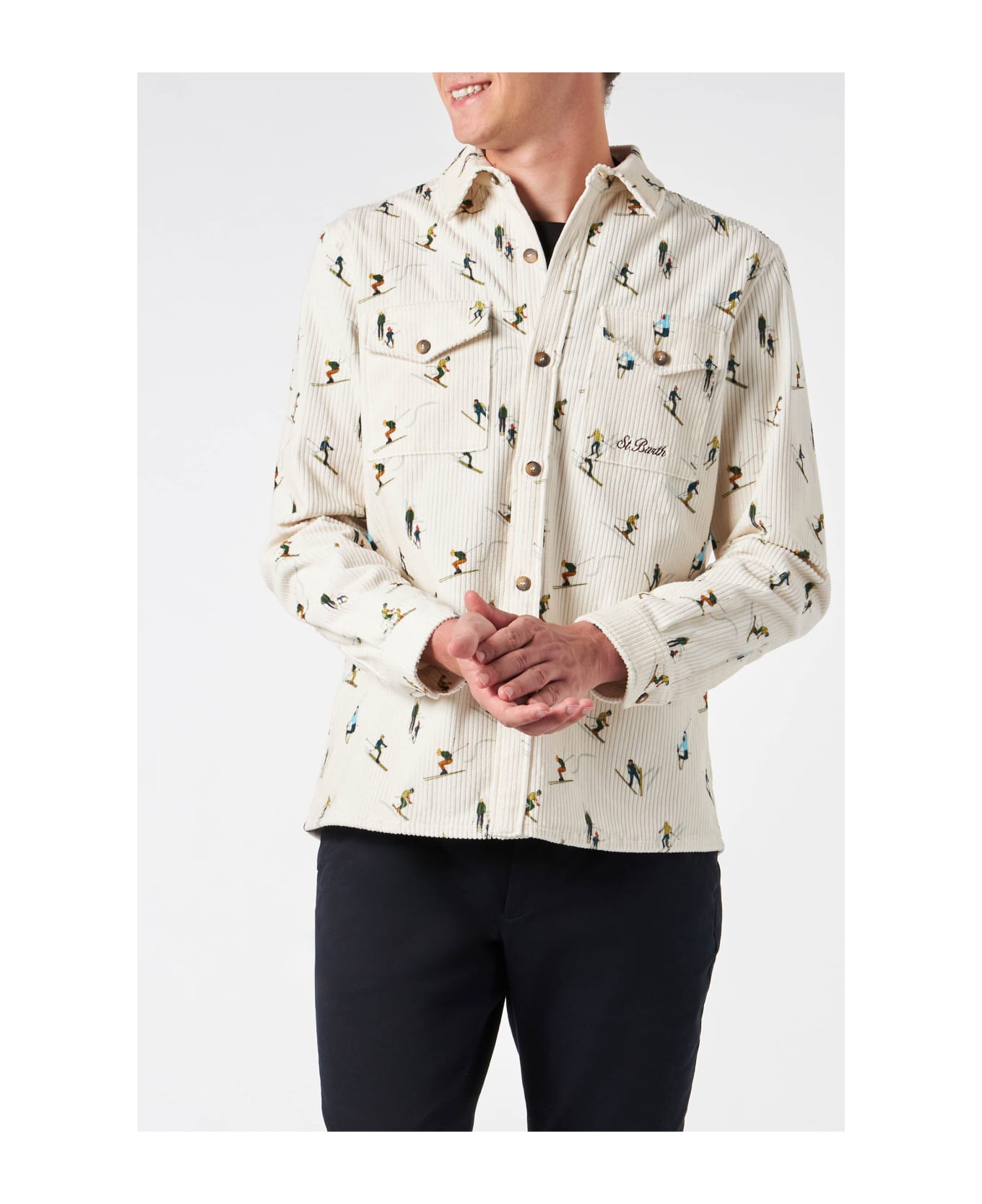 MC2 Saint Barth Man Corduroy Overshirt With Ski Print - WHITE