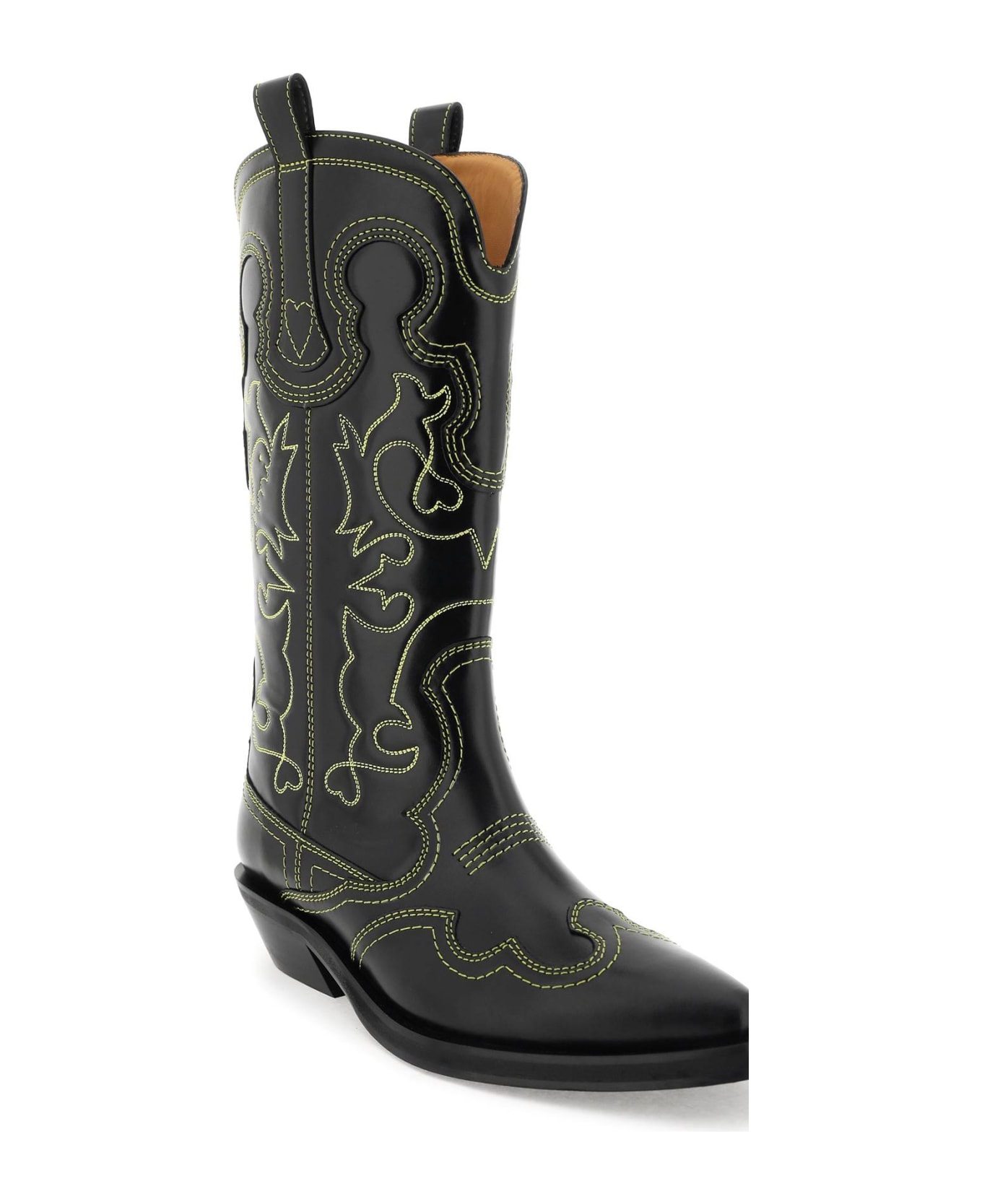 Ganni Embroidered Western Boots - BLACK (Yellow)