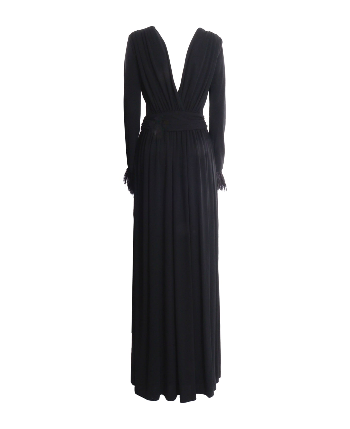 Alberta Ferretti Pleated Dress With Feathers - BLACK