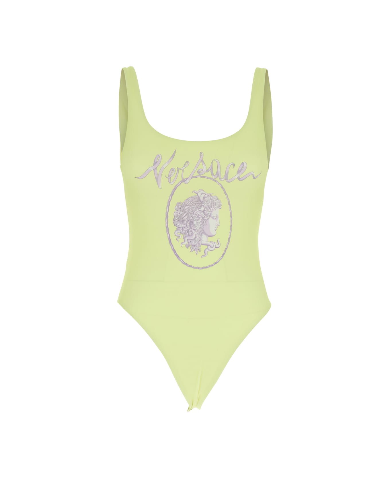 Versace Yellow One-piece Swimsuit With Medusa Print And Logo Lettering On The Front In Tech Fabric Woman - Yellow