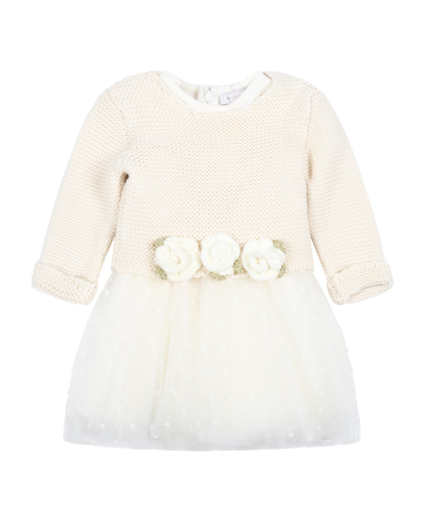 Monnalisa Ivory Dress For Baby Girl With Polka Dots - Ivory