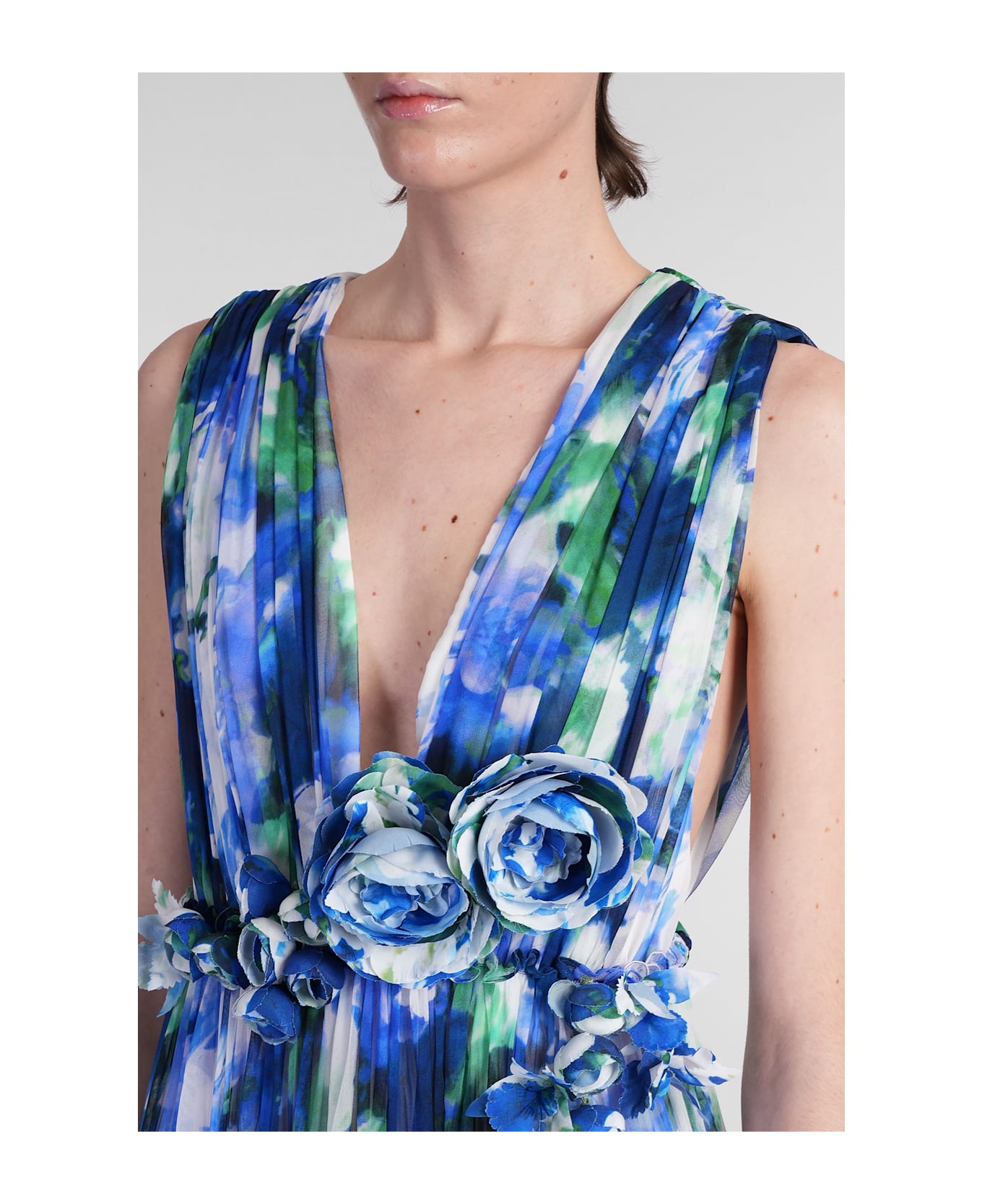 Costarellos Arella Long Dress In Blue Silk - blue