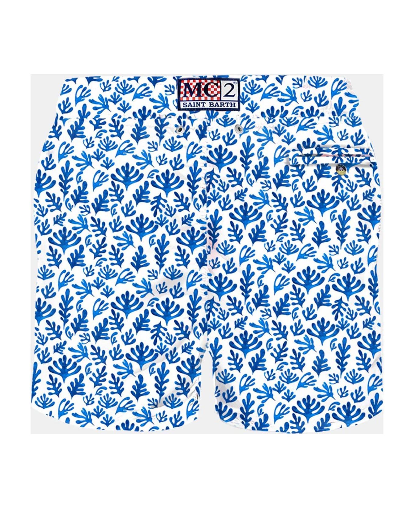MC2 Saint Barth Man Light Fabric Swim Shorts With Blue Leaves Print - WHITE