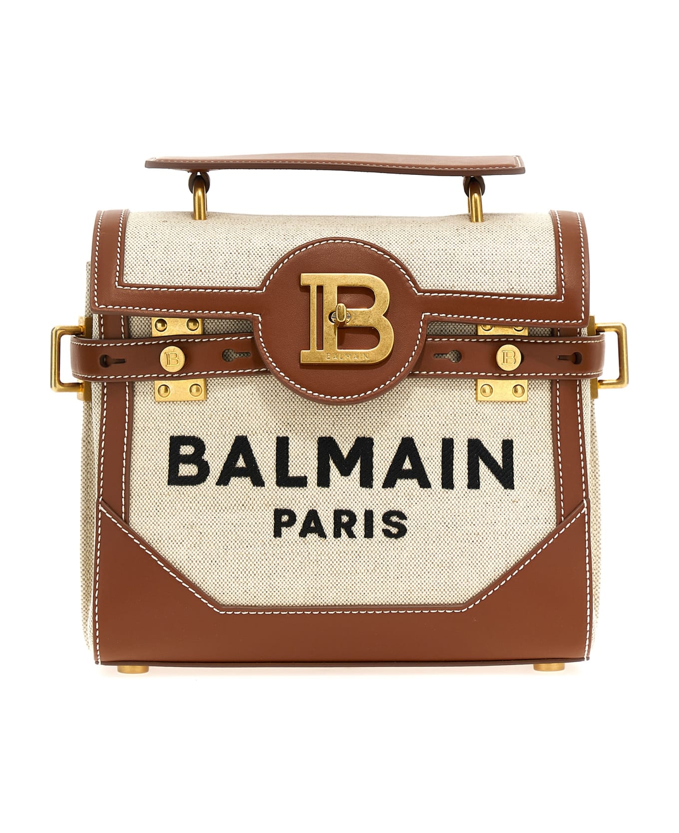 Balmain Beige B-buzz 23 Bag In Canvas And Leather - Brown