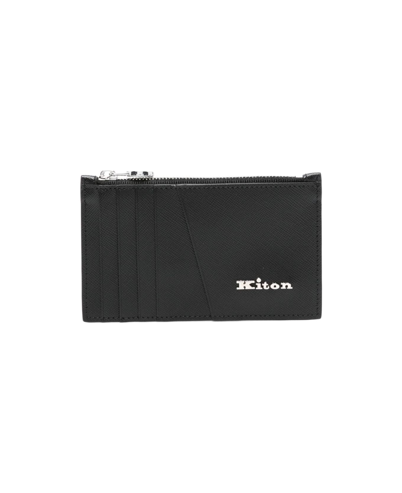 Kiton Black Leather Card Holder With Logo - Black