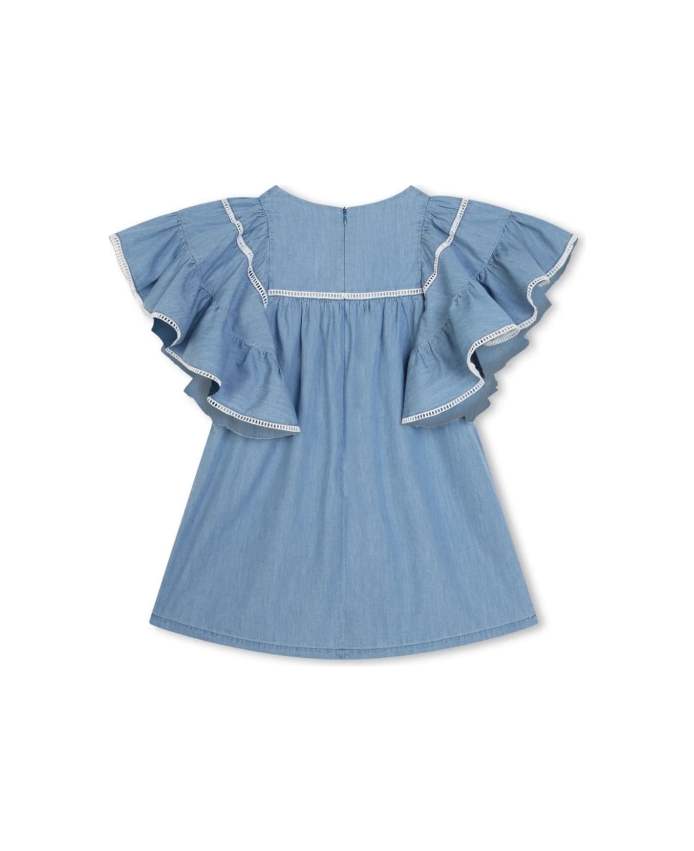 Chloé Light Blue Dress With Ruffle Sleeves In Cotton Girl - Blu