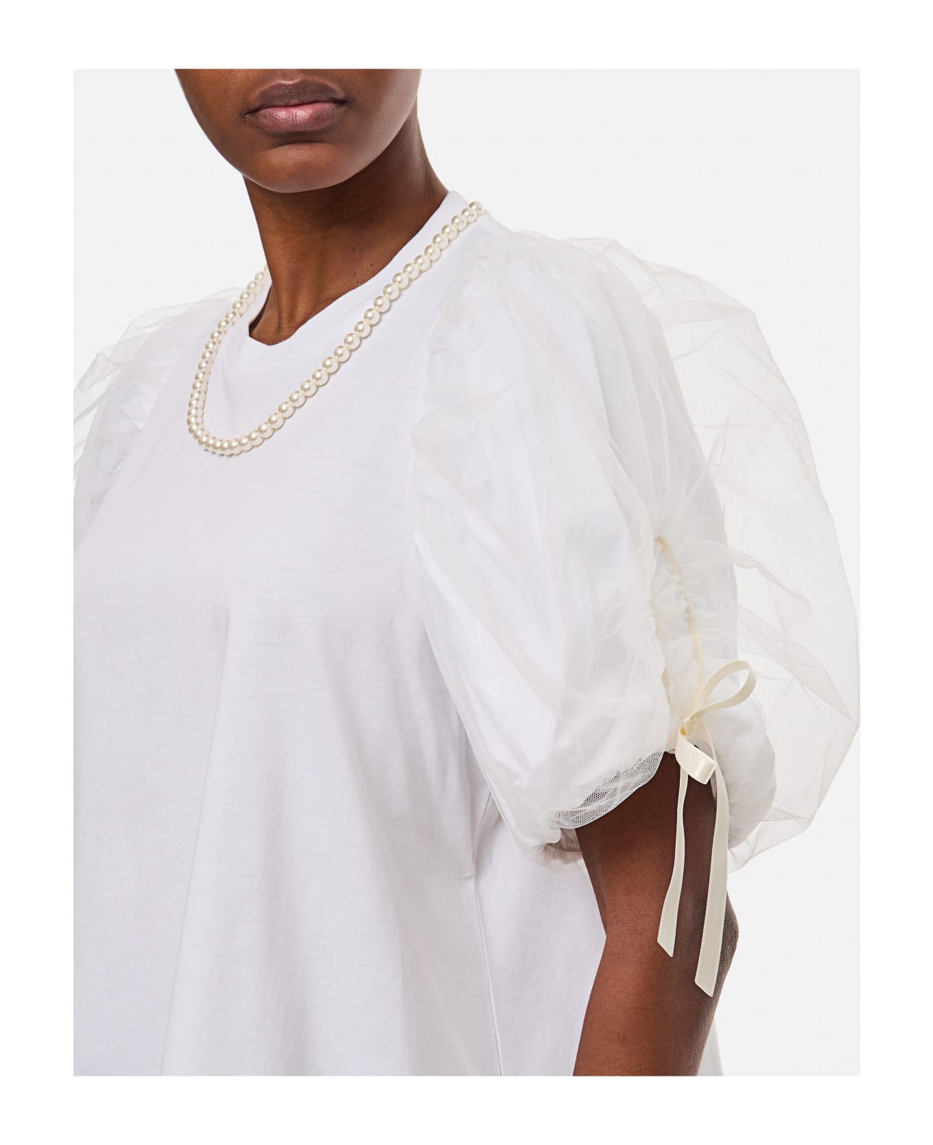 Simone Rocha Beaded Tulle Overlay Puff Sleeve T-shirt W/ Bow - White