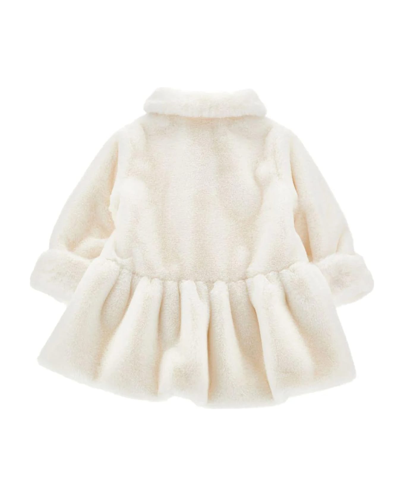 Monnalisa Ivory Faux Fur Coat For Baby Girl With Logo - Ivory