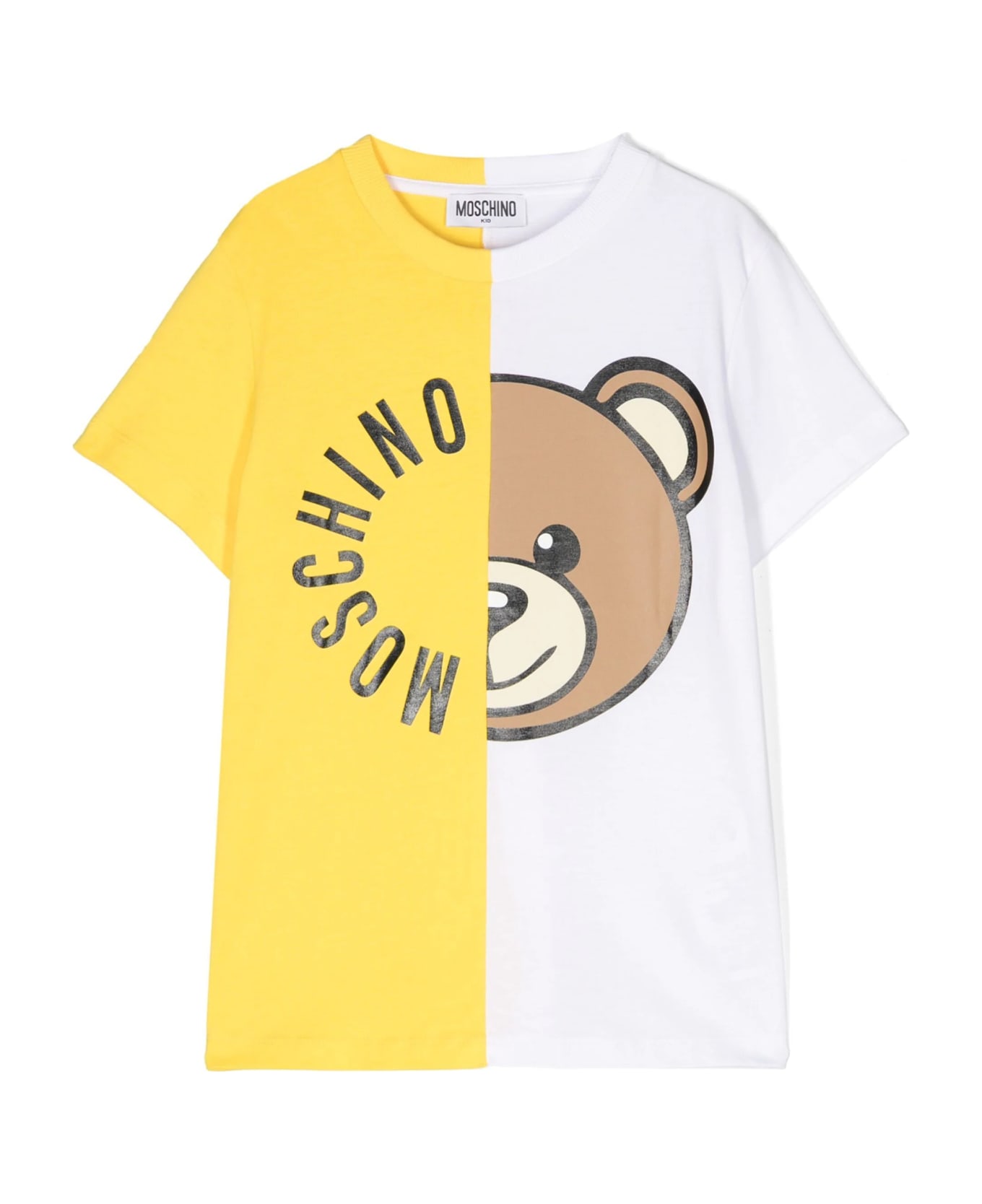 Moschino White And Yellow T-shirt With Moschino Teddy Bear Circular Print - Yellow Tシャツ＆ポロシャツ