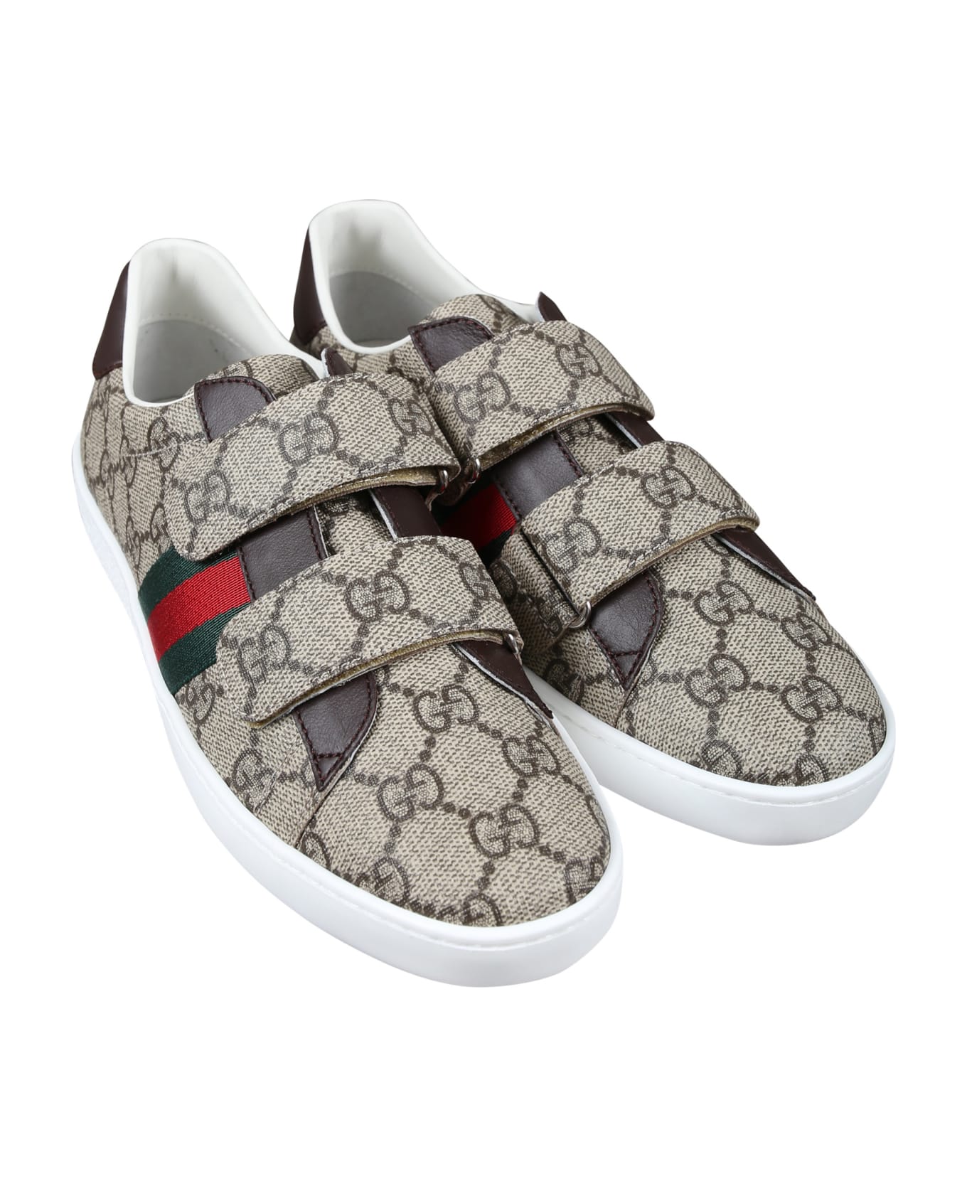 Gucci Brown Ace Sneakers For Kids With All-over Gg Logo - Brown
