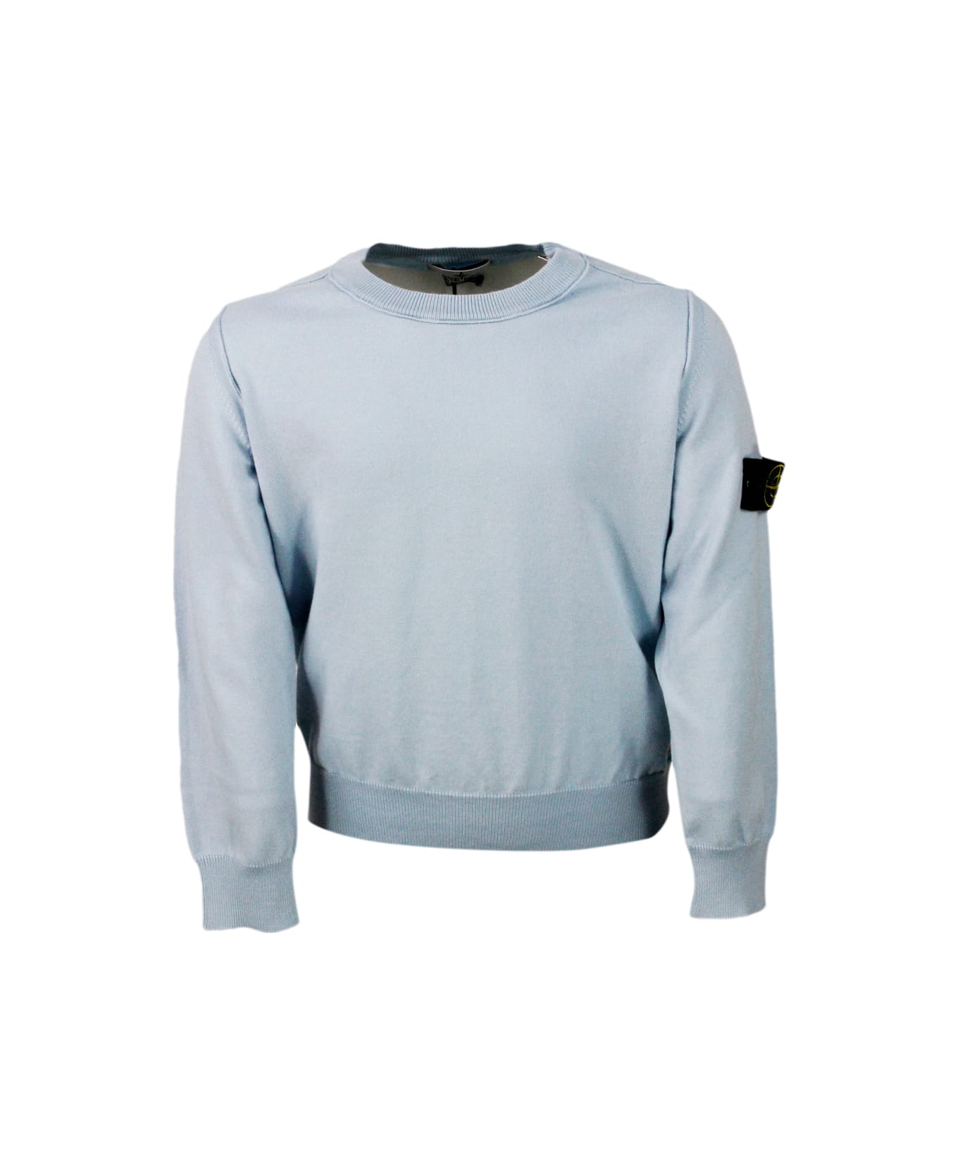 Stone Island Crew-neck, Long-sleeved Cotton Sweater With Raised Stitching - Light Blu