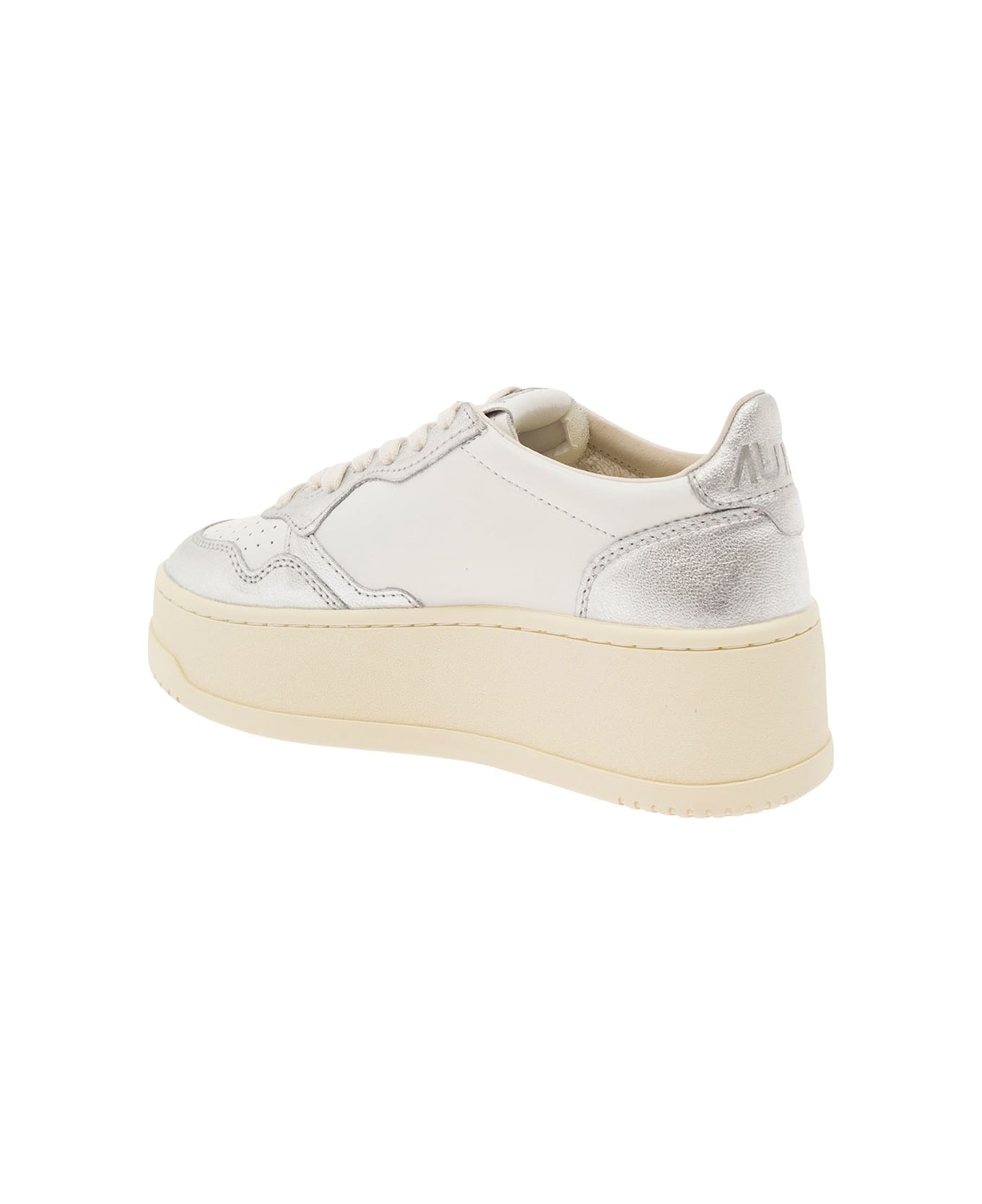 Autry White And Silver Low Top Platform Sneakers With Logo In Leather Woman - White