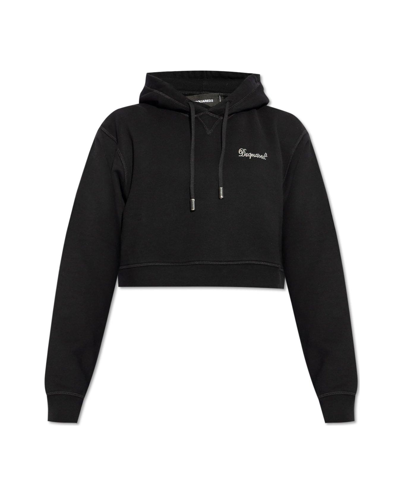 Dsquared2 Logo Detailed Cropped Drawstring Hoodie - Black