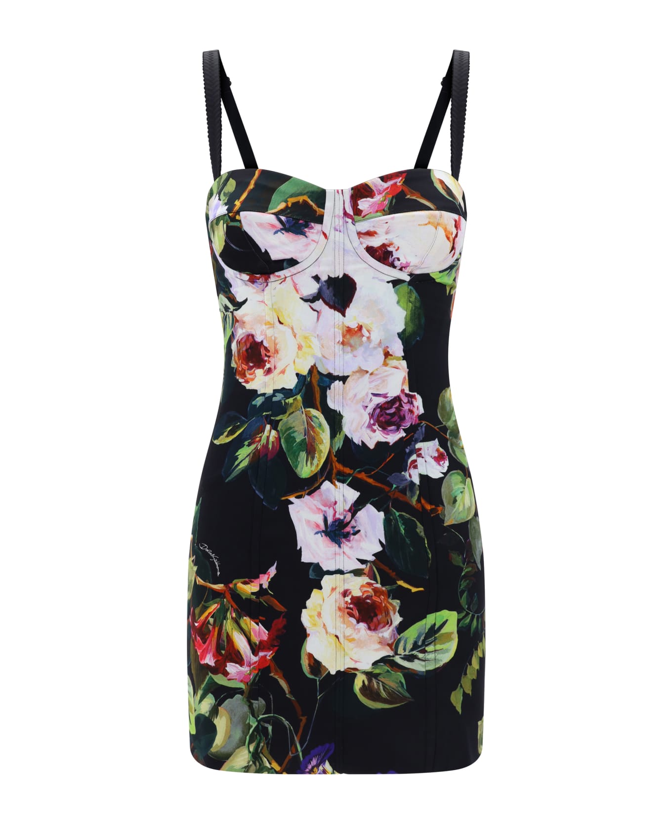 Dolce & Gabbana Rose Garden Print Stretch Silk Satin Bustier Short Dress - Roseto F.nero