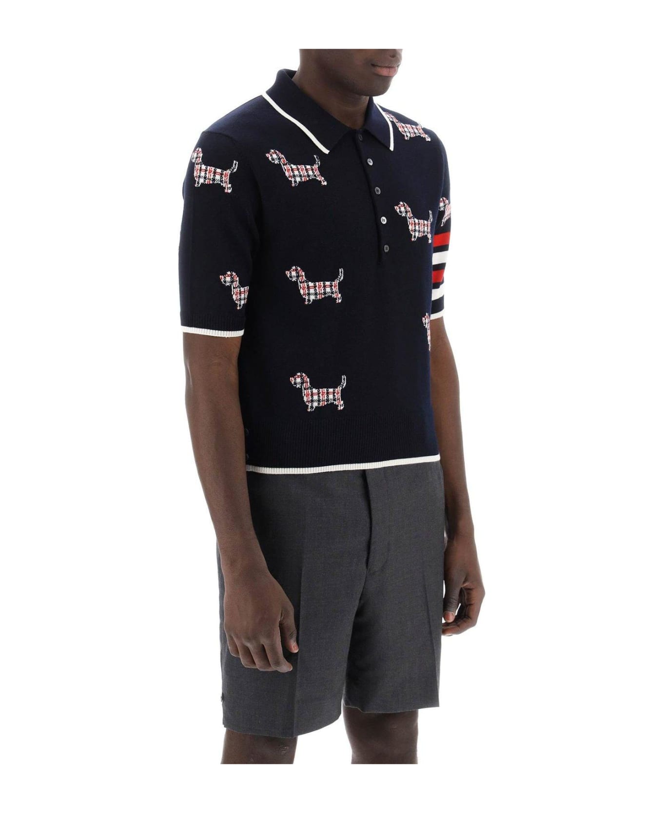 Thom Browne Hector Intarsia-knit Short Sleeved Polo Top - NAVY