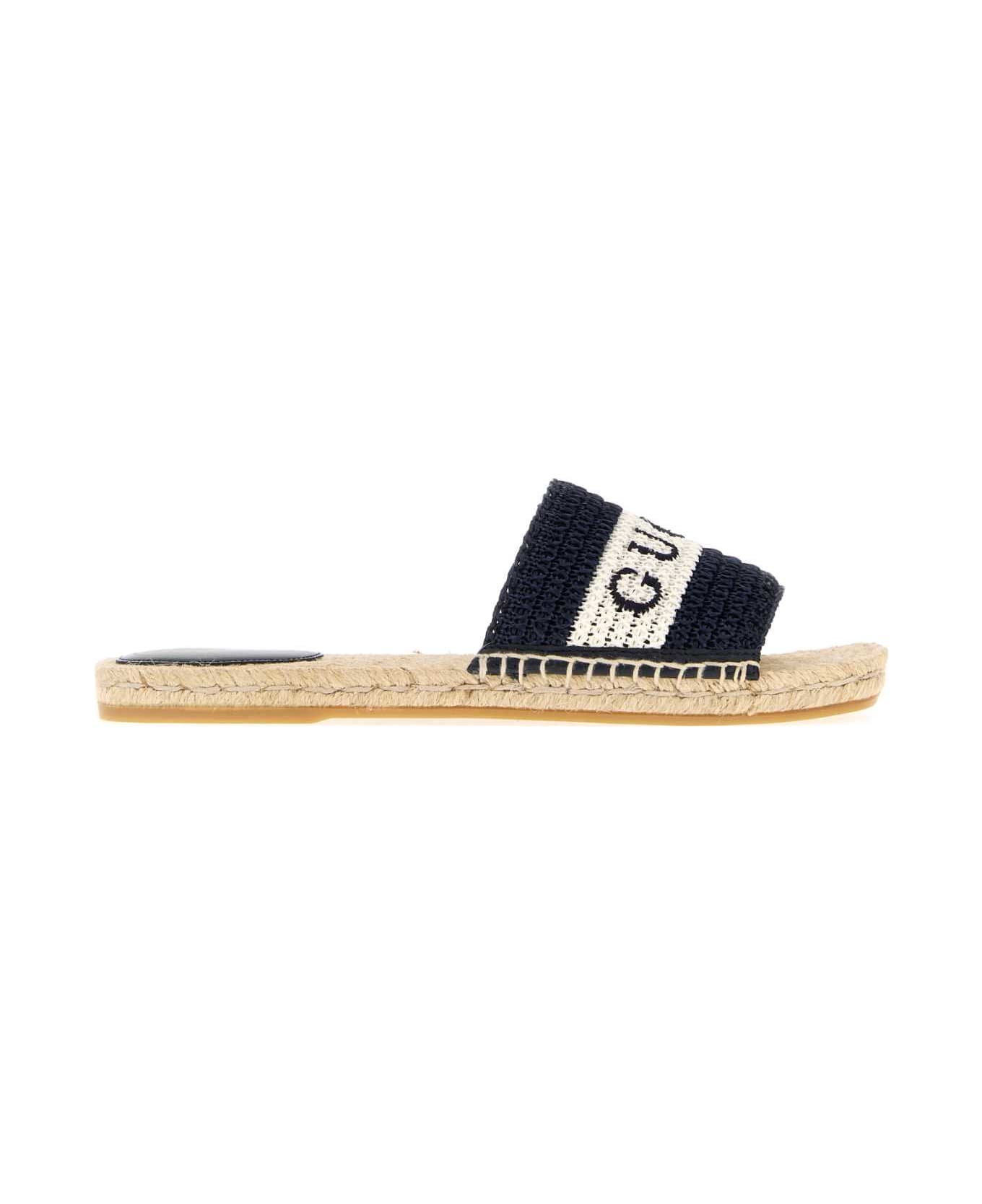 Gucci Dark Blue Raffia Slippers - BLUEGREATWHITEBLU