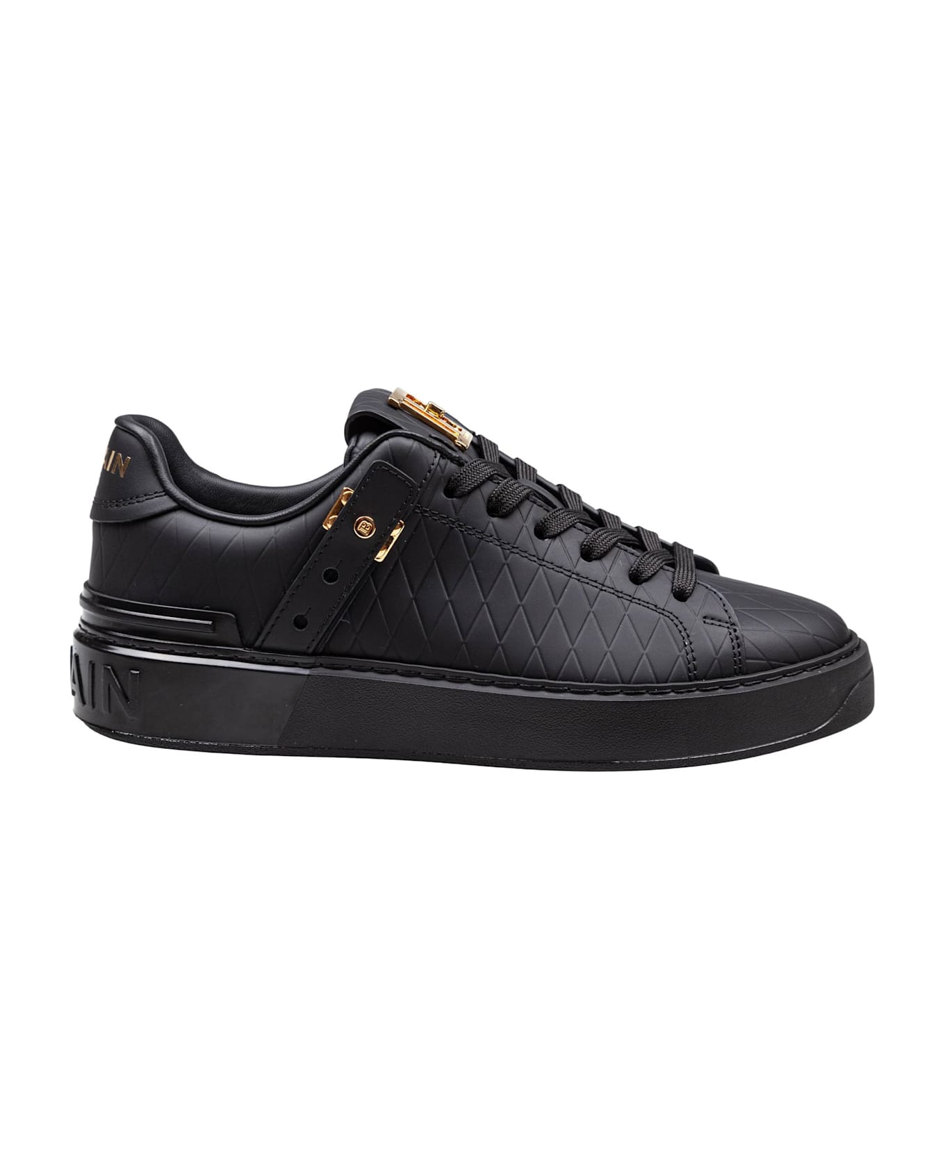 Balmain B-court Leather Sneakers With Diamond Embossing - Noir