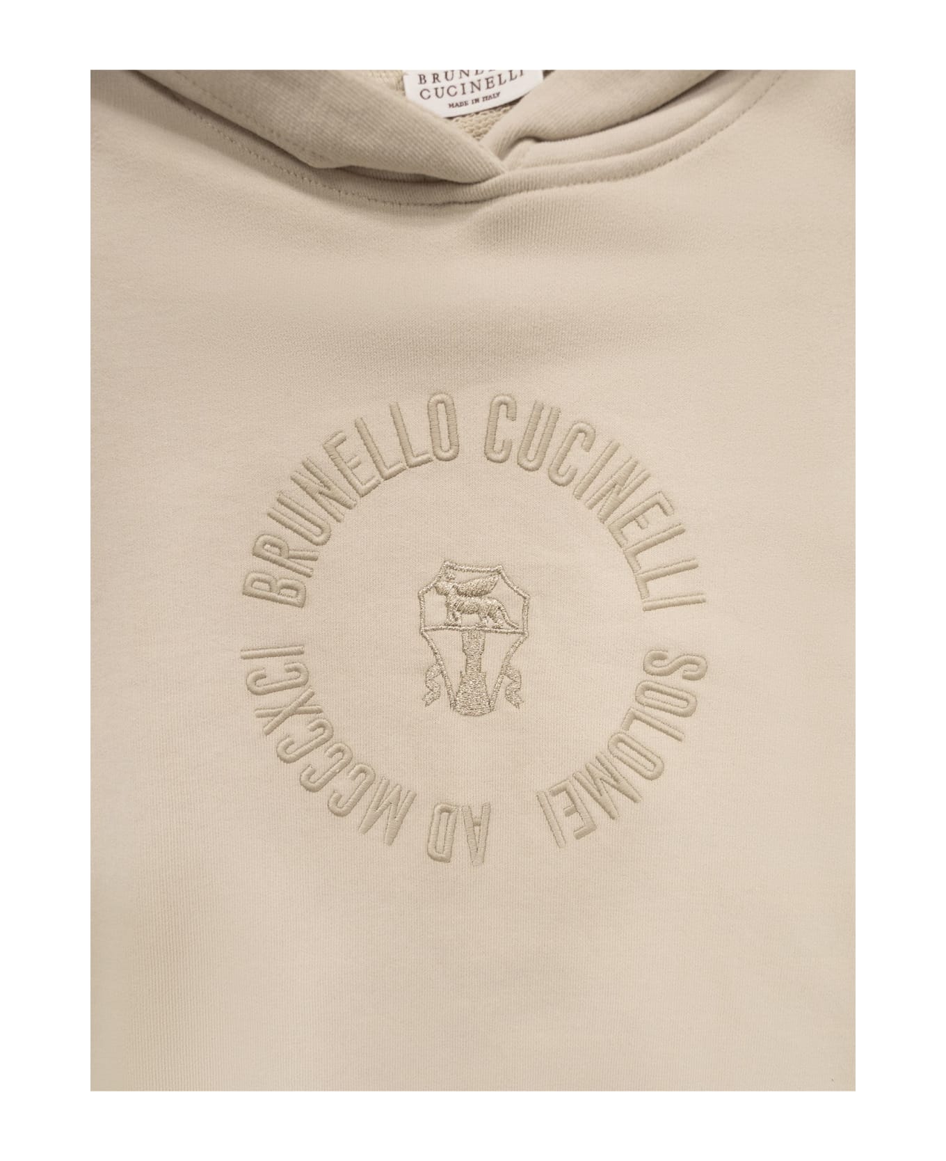 Brunello Cucinelli Smooth Cotton Fleece Topwear With Hood And Embroidery - Beige