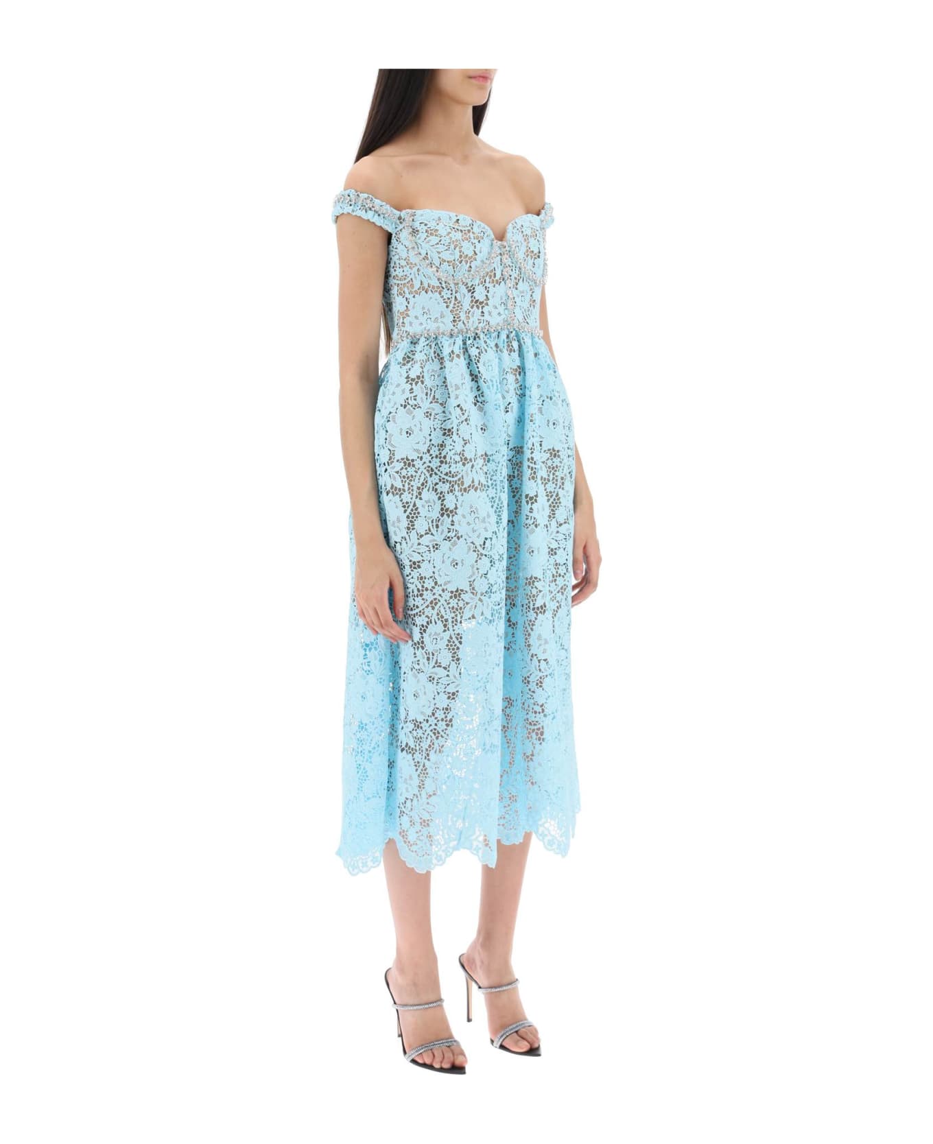 self-portrait Midi Dress In Floral Lace With Crystals - Blue ワンピース＆ドレス