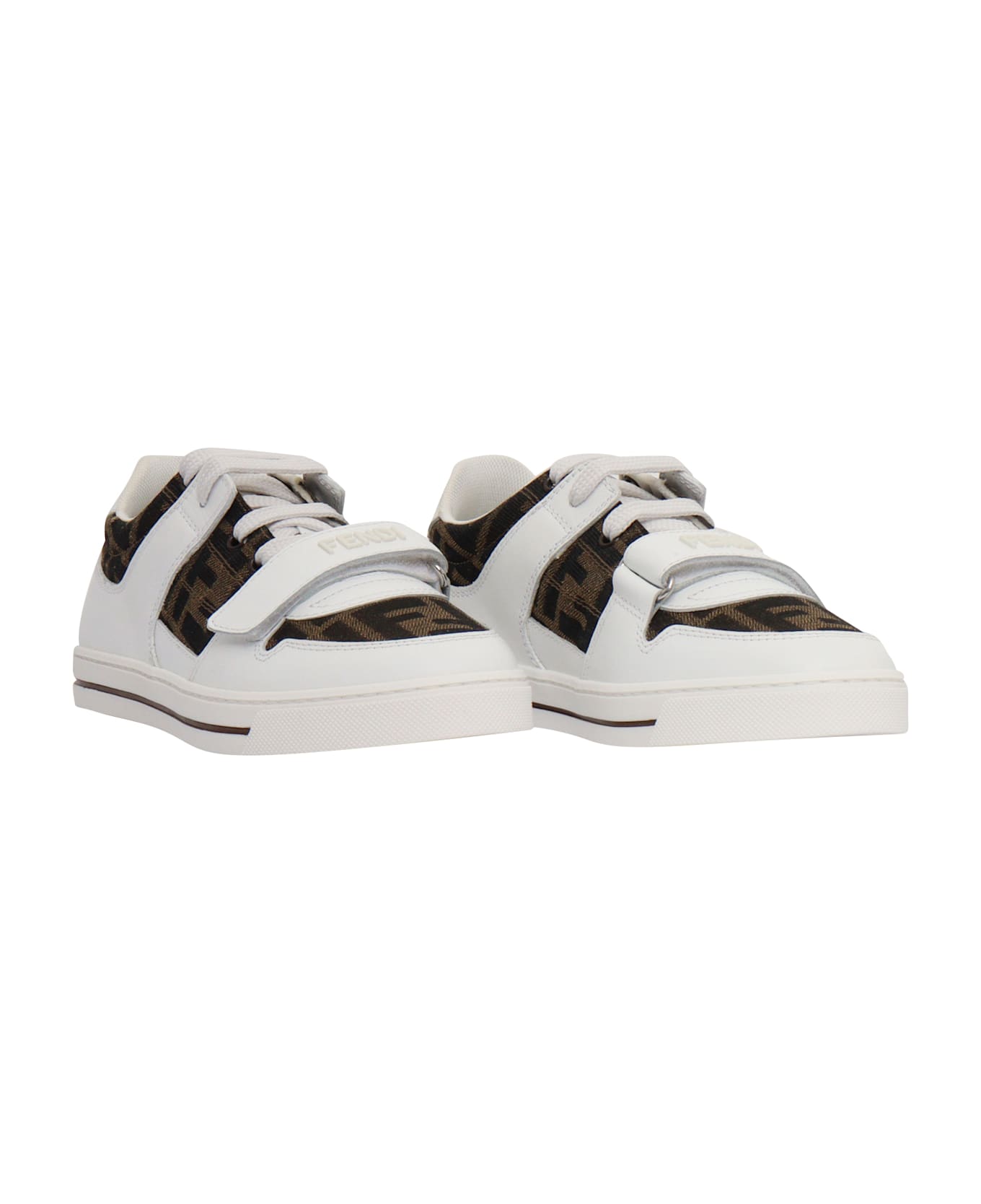 Fendi Calfskin And Fabric Sneakers - WHITE