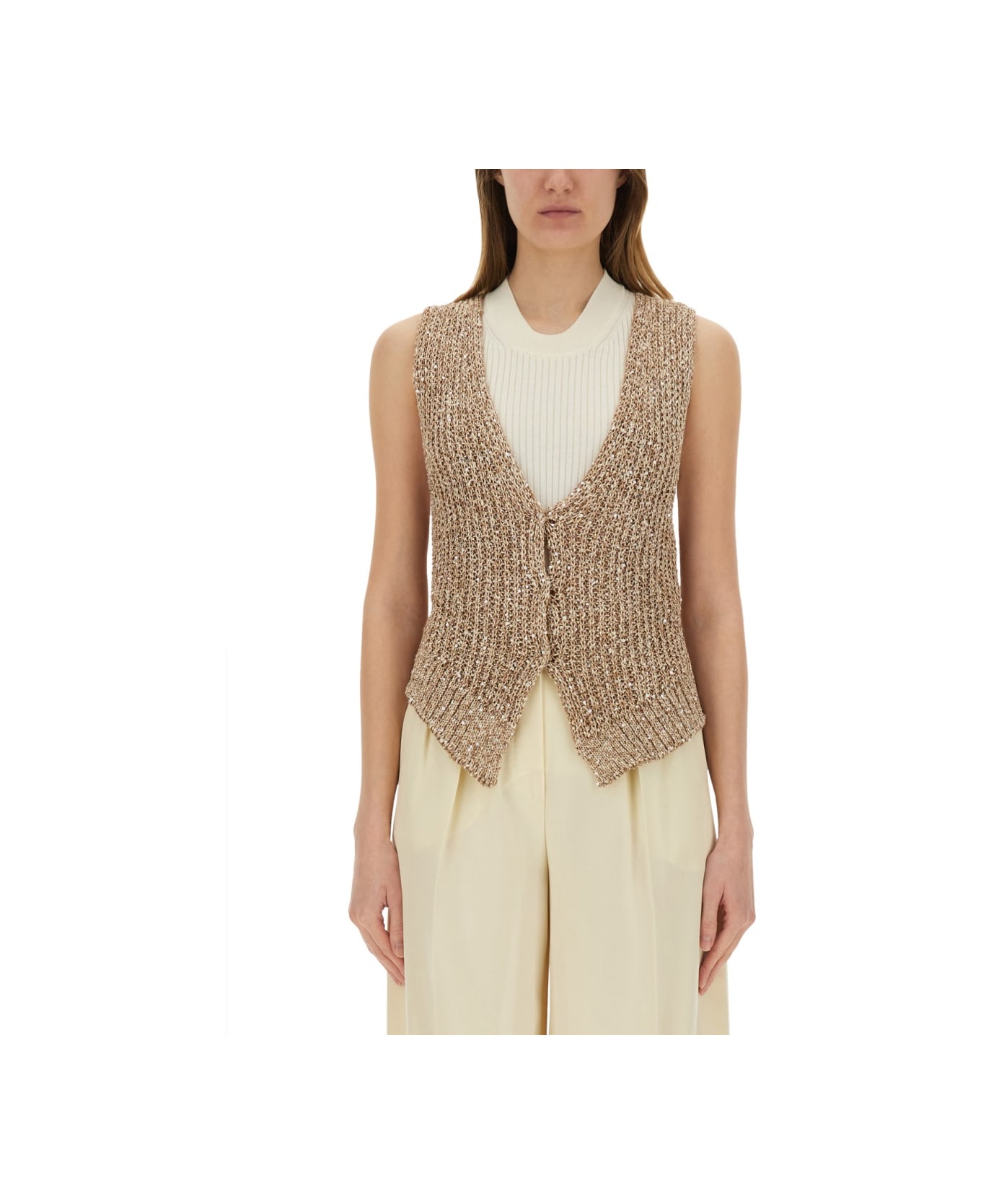 Alysi Tricot Vest With Sequins - BEIGE