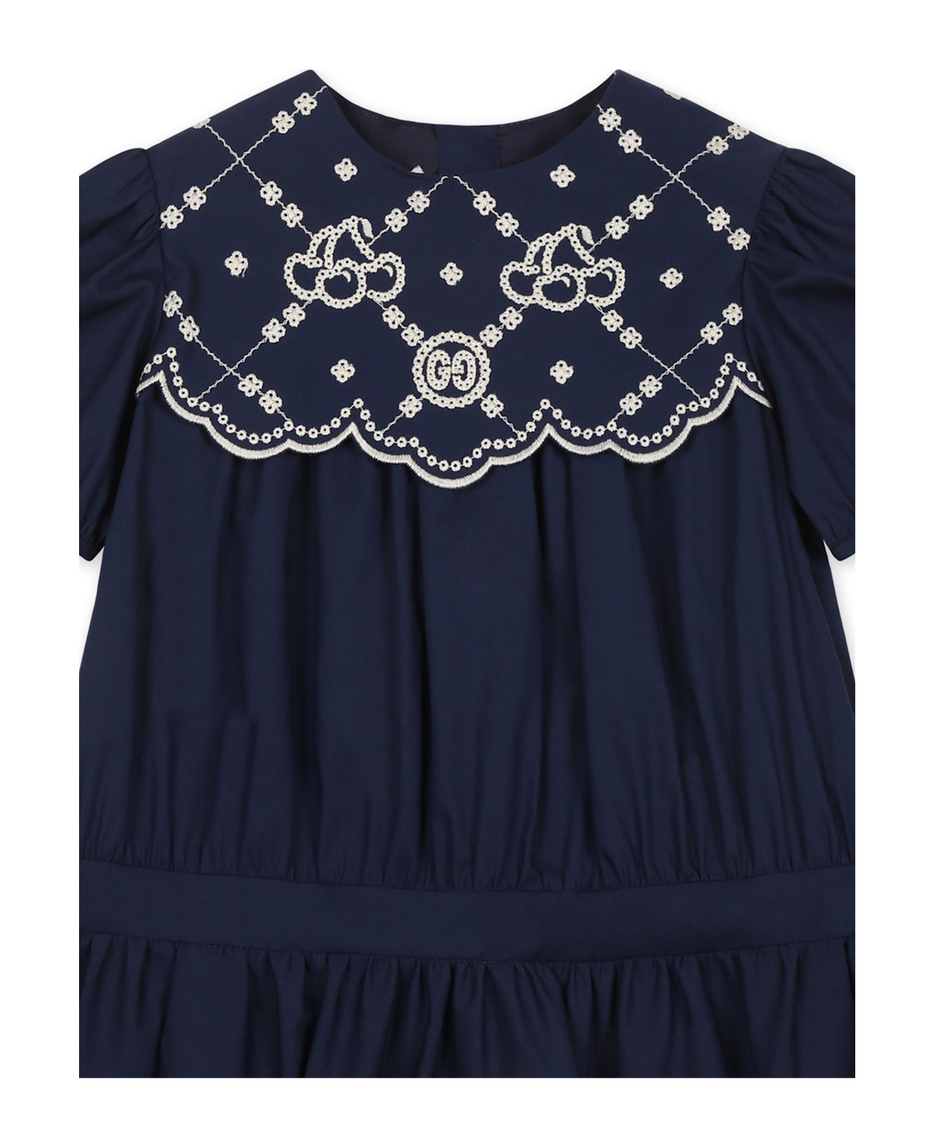 Gucci Blue Dress For Baby Girl With Gg Cherry Embroidery - Blue