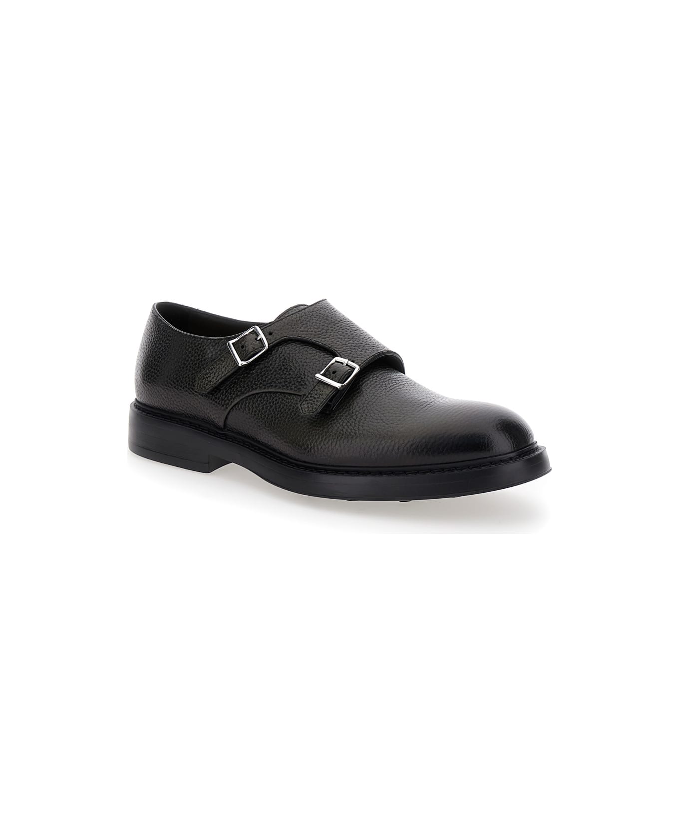 Doucal's Black Monks Shoes With Double Buckle In Hammered Leather Man - Black