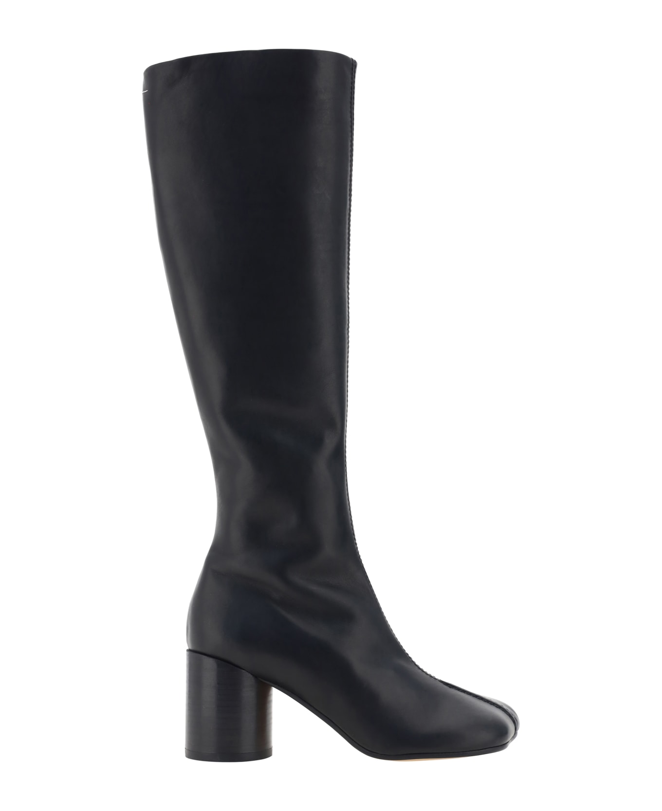 MM6 Maison Margiela Knee-high Black Leather Boots With Anatomic Toe And Upper Stitching - Black