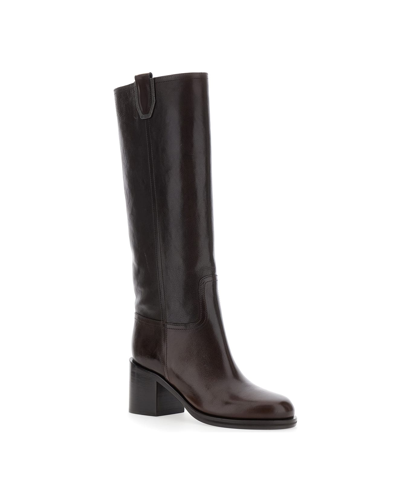Brunello Cucinelli Brown Knee-lenght Boots With Monil Detail In Leather Woman - Brown
