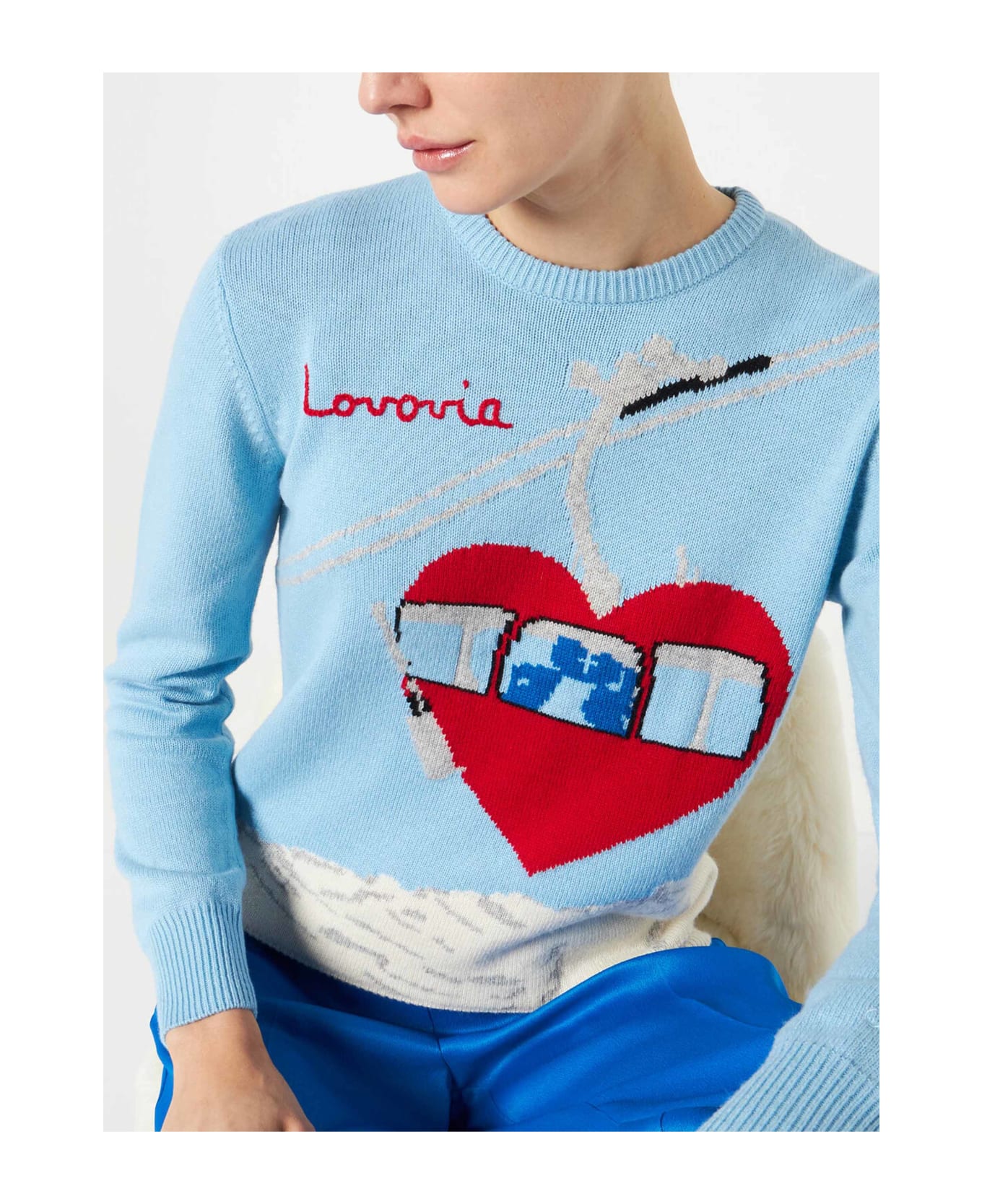 MC2 Saint Barth Woman Sweater Vintage Postcard Style With Lovovia Embroidery - BLUE