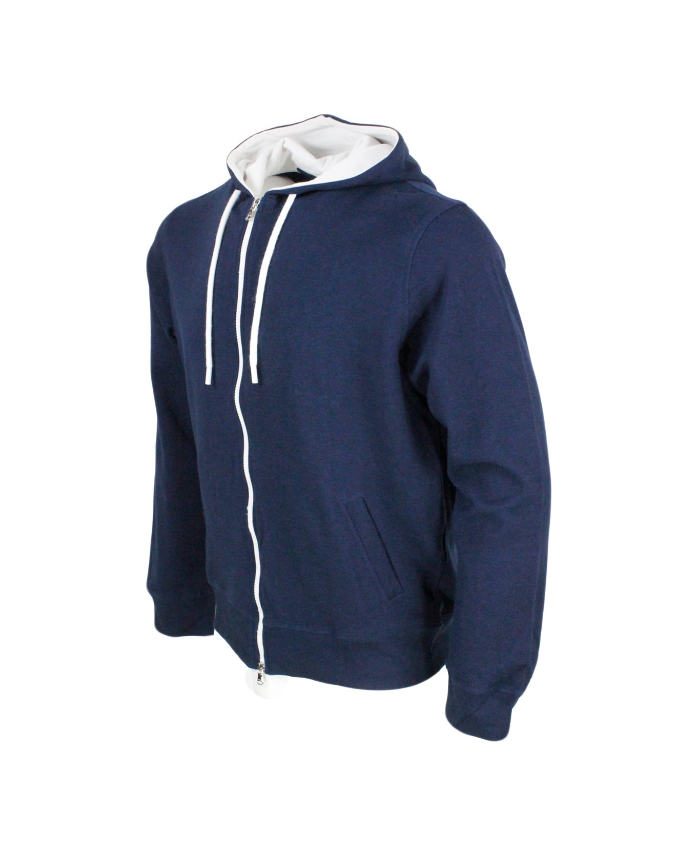 Barba Napoli Lightweight Stretch Cotton Sweatshirt With Hood With Contrasting Color Interior And Zip Closure - Blu