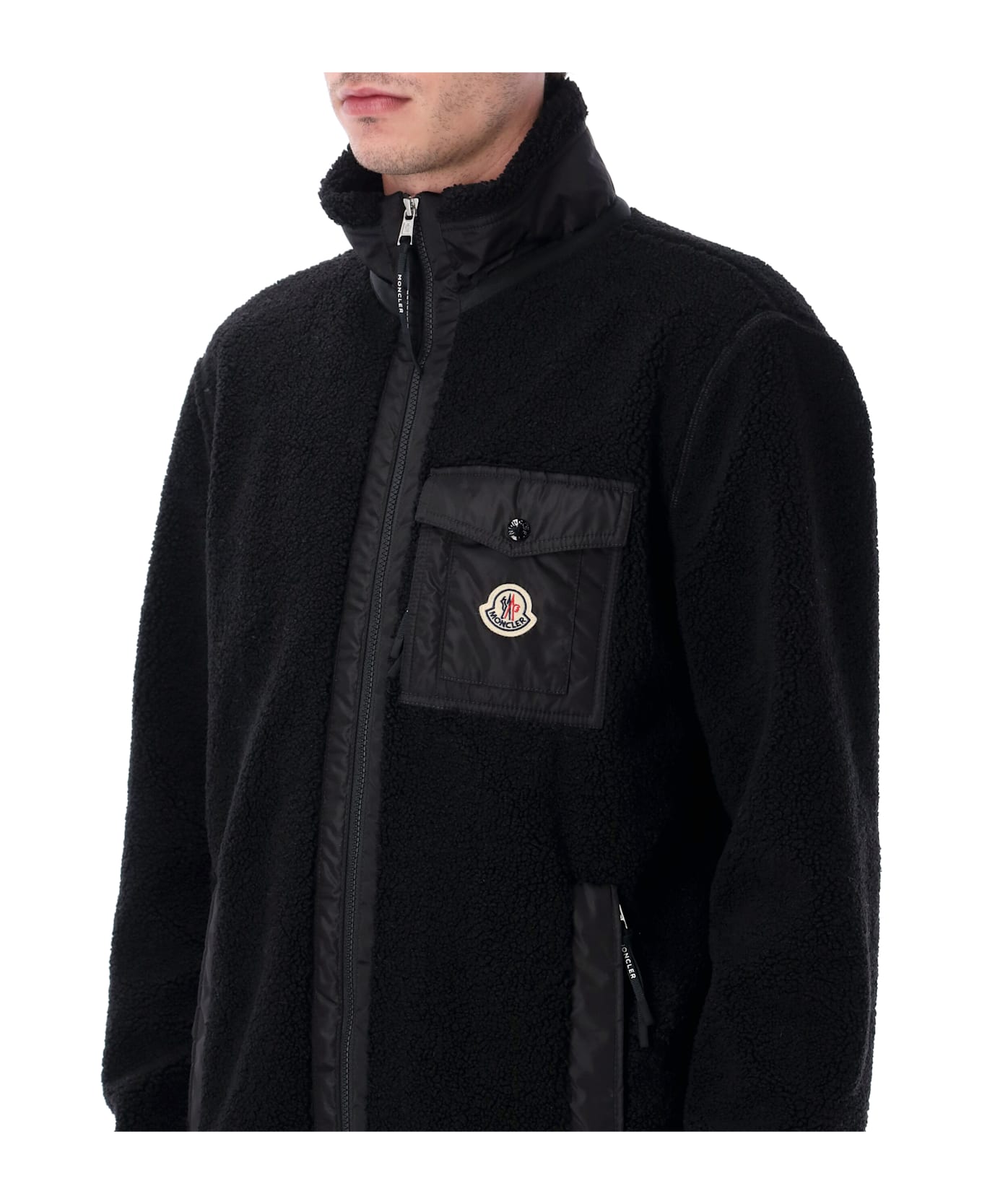 Moncler Teddy Zip-up Sweatshirt With Nylon Pocket - BLACK