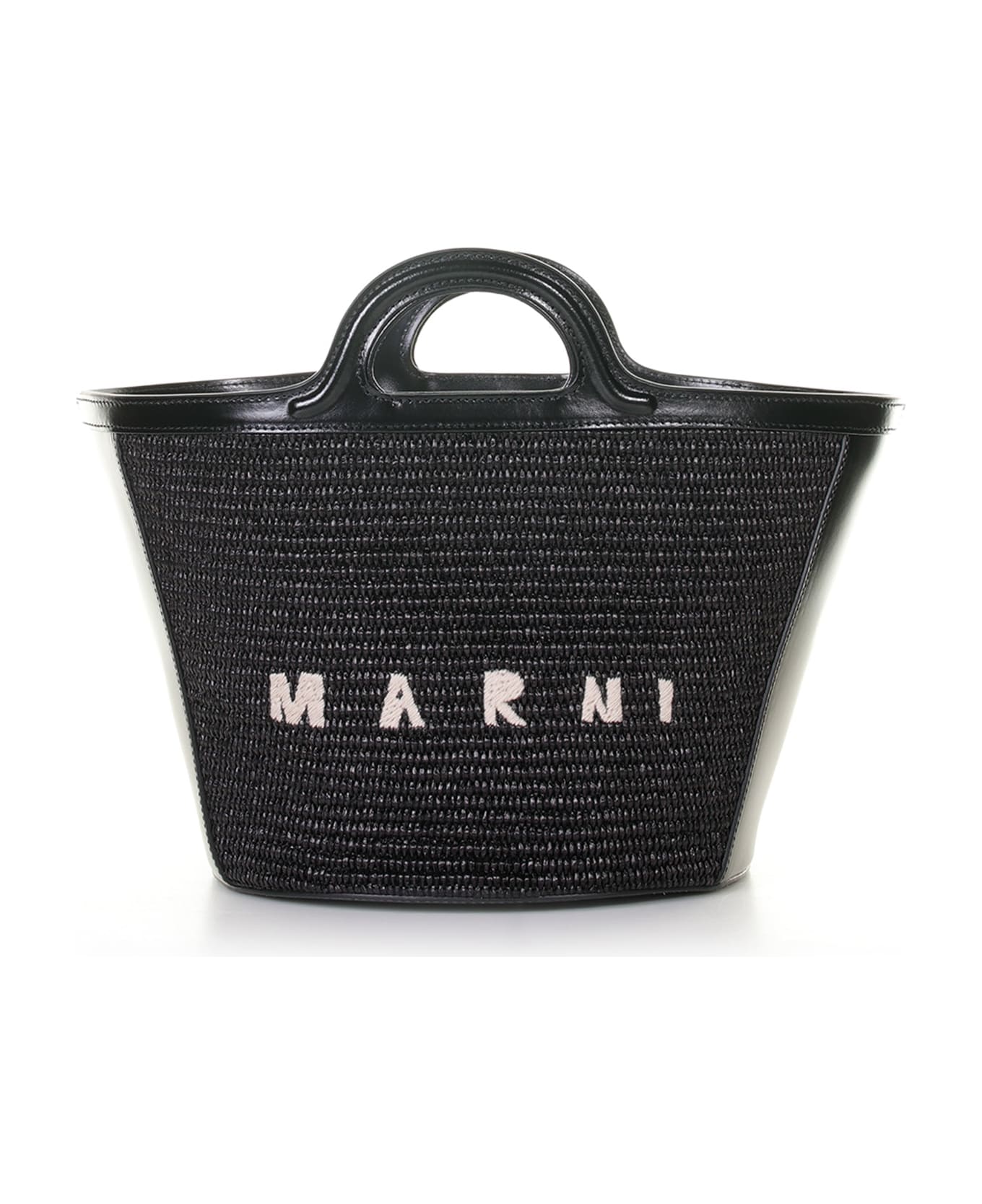 Marni Small Tropicalia Bag In Leather And Raffia Effect Fabric - BLACK
