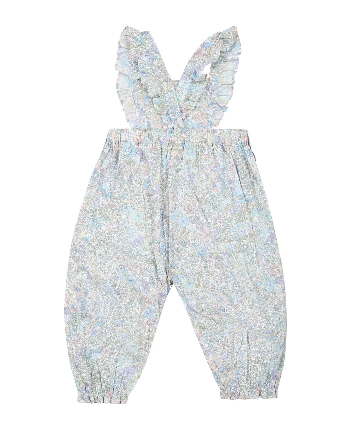 Tartine et Chocolat Light Blue Cotton Dungarees For Baby Girl With Floral Print - Light Blue コート＆ジャケット