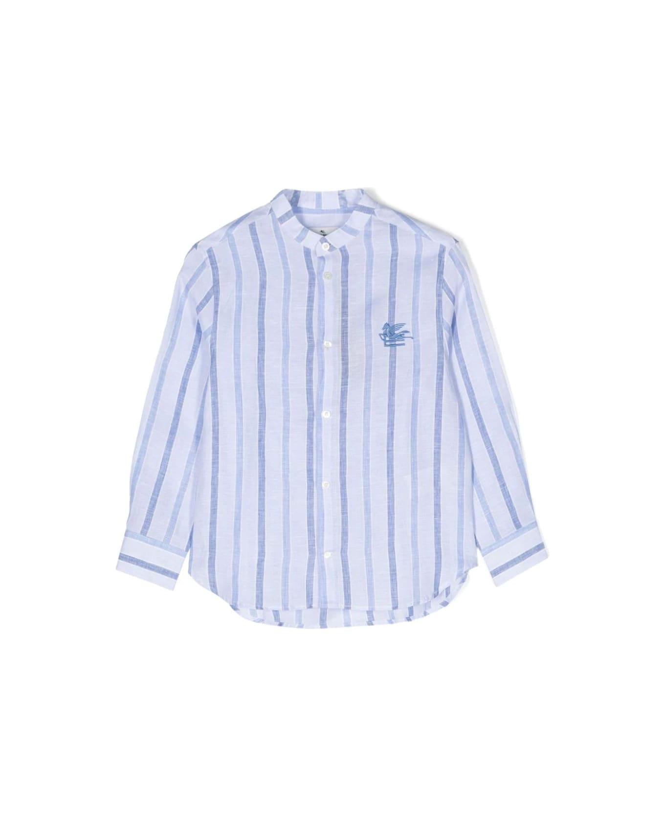 Etro Light Blue Striped Linen Shirt With Logo - Blue シャツ