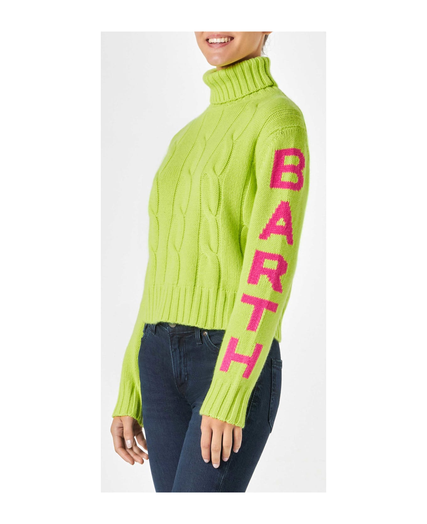 MC2 Saint Barth Woman Fluo Yellow Turtleneck Braided Sweater - YELLOW