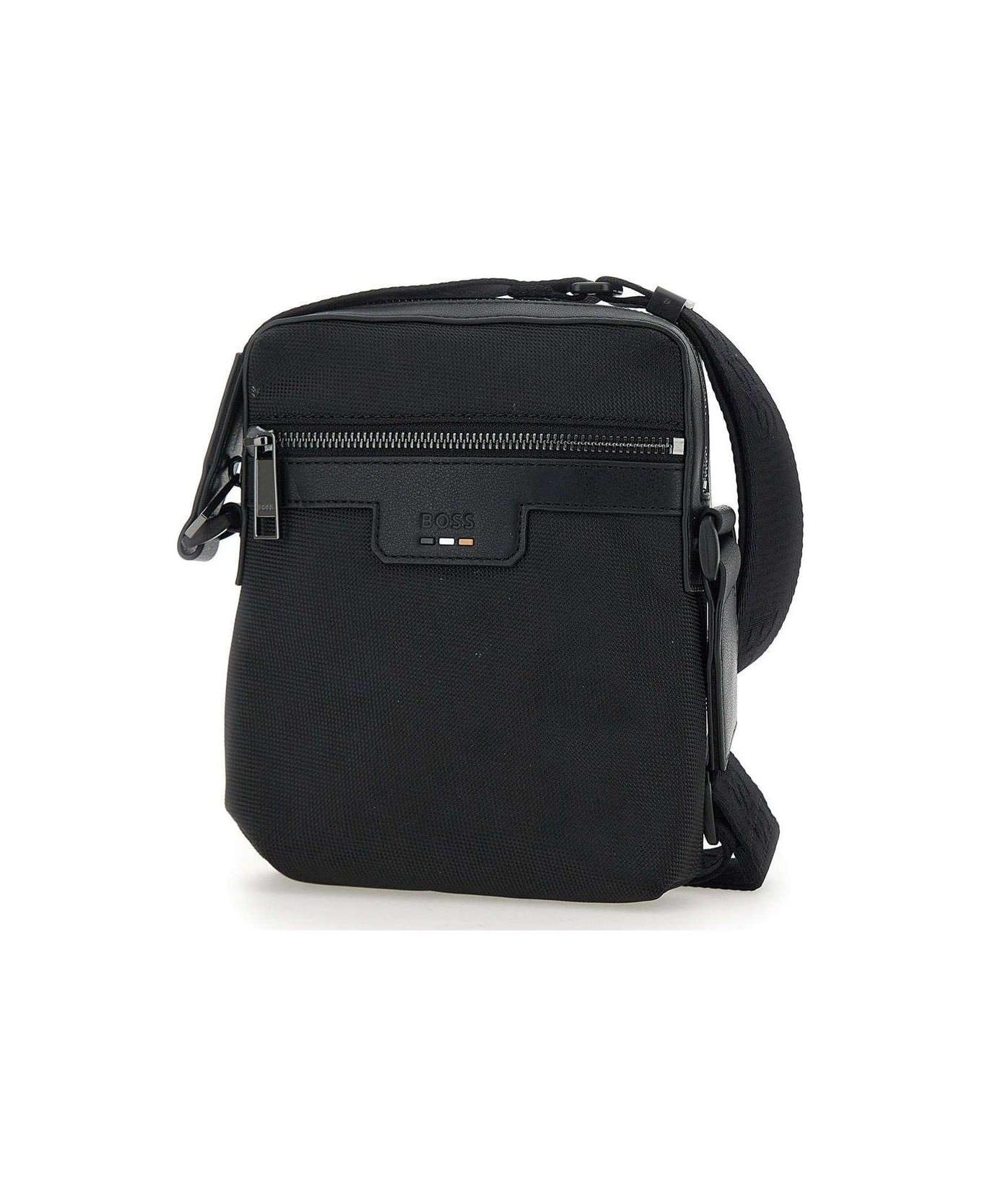 Hugo Boss Logo Debossed Zip-up Messenger Bag - Black