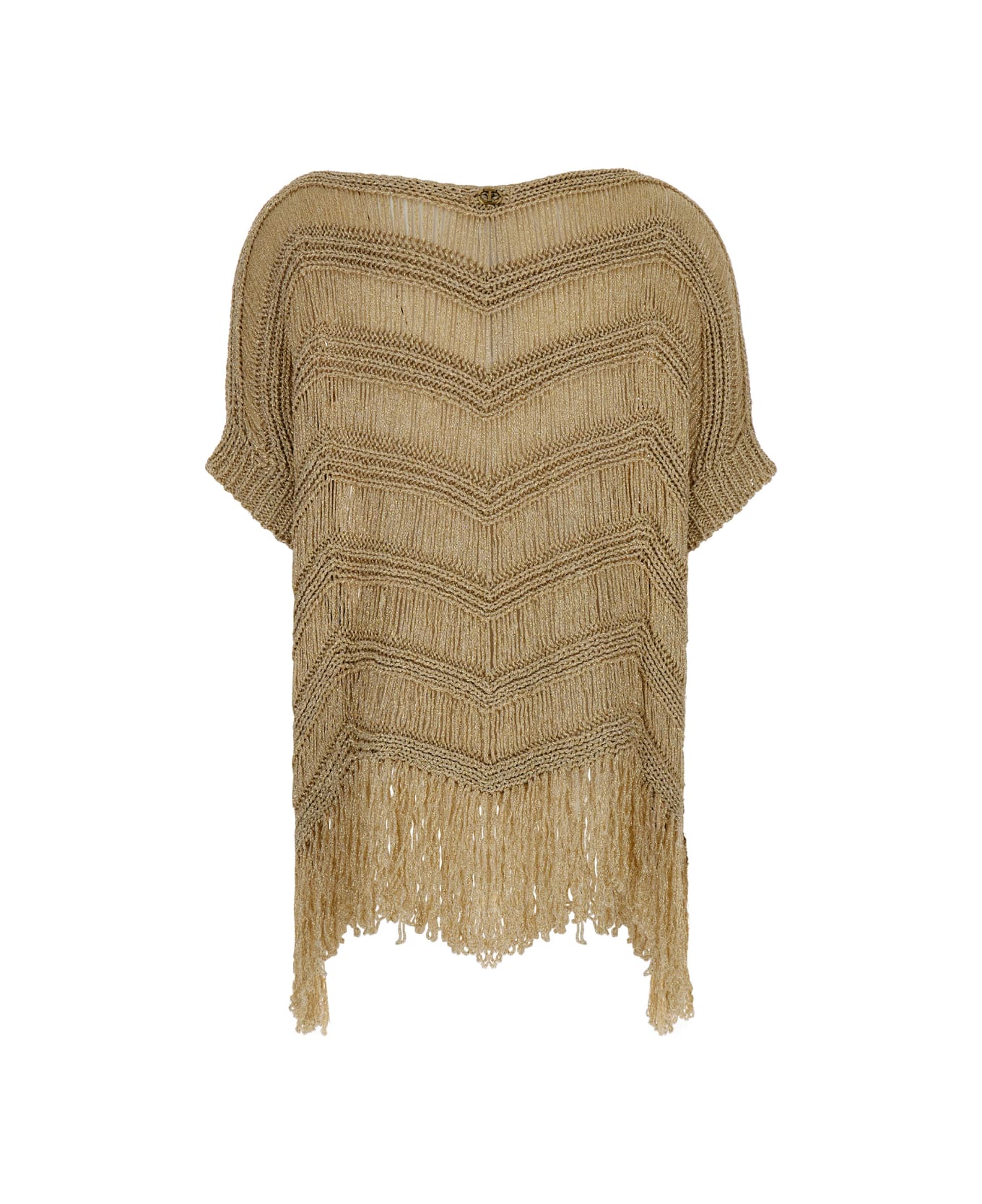 TwinSet Beige Lamè Crochet Cape In Viscose Blend Woman - Gold コート