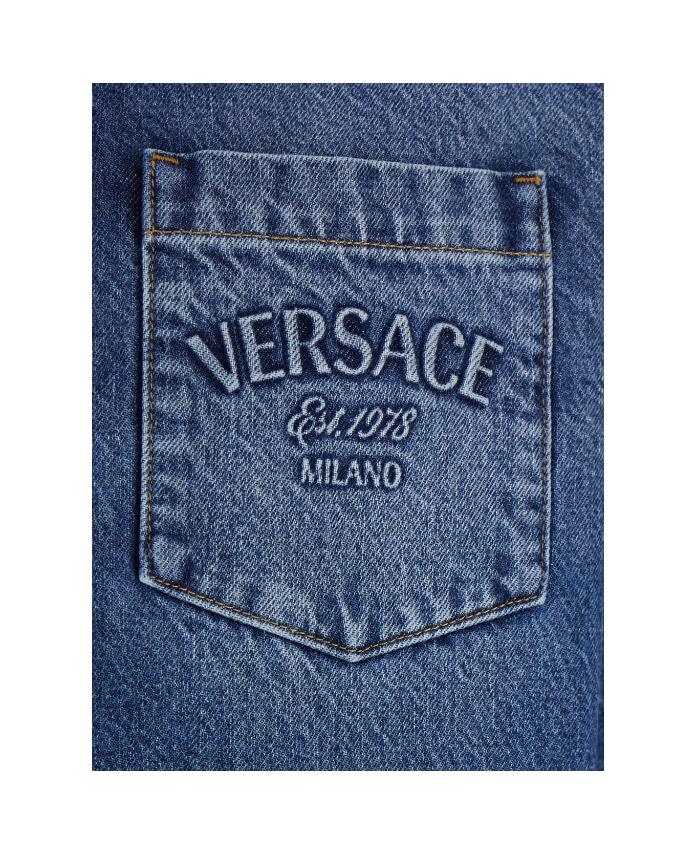 Versace Blue Shirt With Lettering Logo Embroidered On The Chest In Denim Man - MEDIUM BLUE