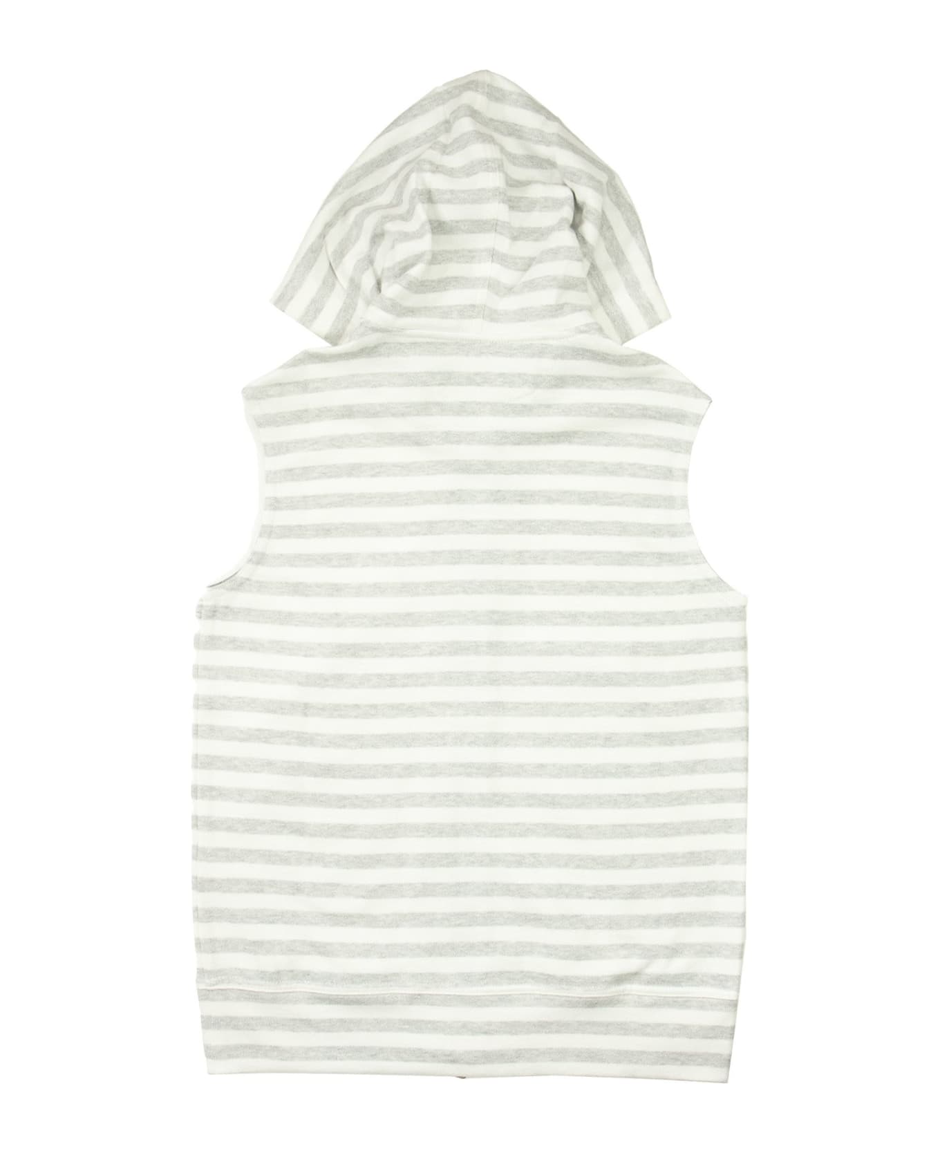 Brunello Cucinelli Cotton And Linen Striped French Terry Sleeveless Sweatshirt With Hood And Print - Pearl Grey